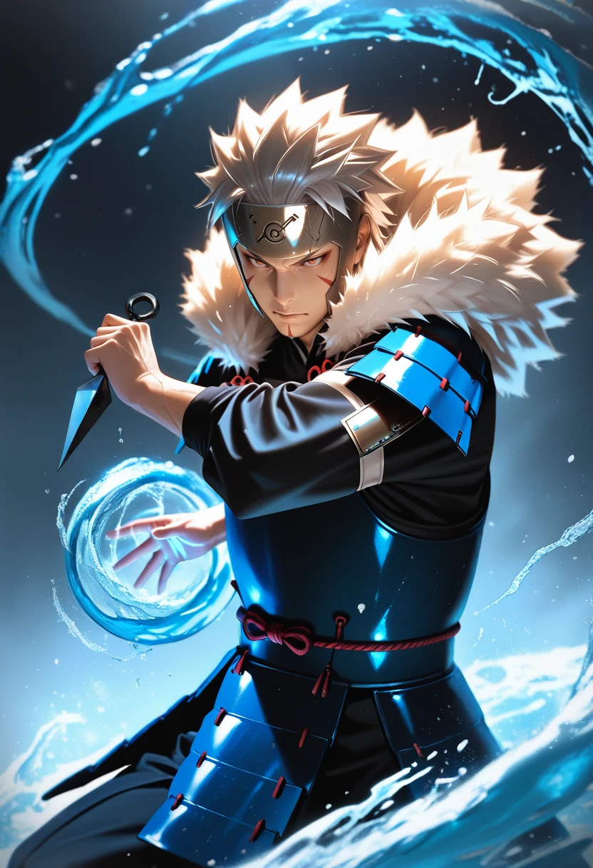 (masterpiece), (best quality), photorealistic, 1boy, tobirama senju, <lora:Tobirama_Senju:0.8> tbrm_nrt, facial mark, solo, forehead protector, fur trim, japanese armor, water magic, hydrokinesis, holding kunai, masterpiece, best quality, absurdres, highly detailed, raytracing, masterwork, masterful composition, dynamic movement