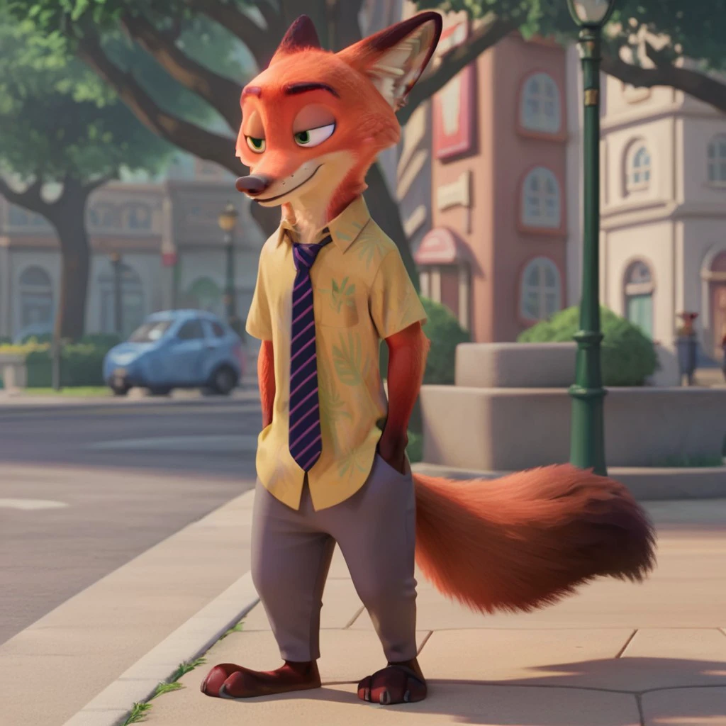 score_9, score_8_up, score_7_up, score_6_up, score_5_up, score_4_up, source_furry, WildeNickzt, anthro, male, fox, orange fur, green eyes, green Hawaiian shirt, striped necktie, khaki pants, standing, street corner, full body, <lora:fa5ef548-e744-47bb-858b-1f6750e6a6b7:0.7>