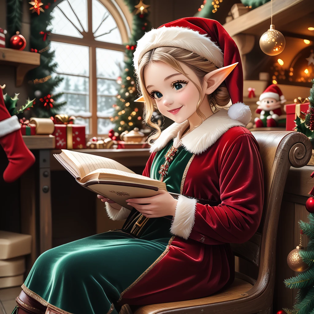 score_6_up,score_5_up,score_4_up,
<lora:Wolvies_Christmas_Elf_v241212.1436:1> xmas_elf, female elf, middle aged, Christmas, holiday, complex background, sitting in a huge leather chair, reading a long scroll, drinking hot cocoa, taking a break, in Santa's workshop, North Pole, concentration, smile, anime, highly detailed, in focus, excellent quality, high resolution, Christmas background, Christmas decorations, cozy, masterpiece, best quality, very aesthetic, (open eyes:1.3), (accurate eyes:1.2), (detailed and precise face:1.2), life-like, depth of field, detailed textures, bright colors, natural light, ultra HD, fine details, soft background blur,