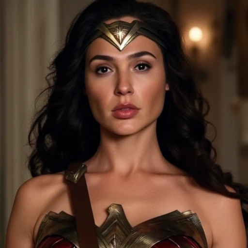 taken from the waist up. She has a light olive skin tone and long, and a gold headband with a stylized W emblem. Her long, Wonder Woman . The image is a photograph from the film "Wonder Woman, dark, dressed in her iconic, dark brown hair cascading over her shoulders and is adorned with a golden tiara that matches her accessories. Her expression is confident and composed.  She wears a form-fitting costume that is primarily red and gold., golden, has a strong