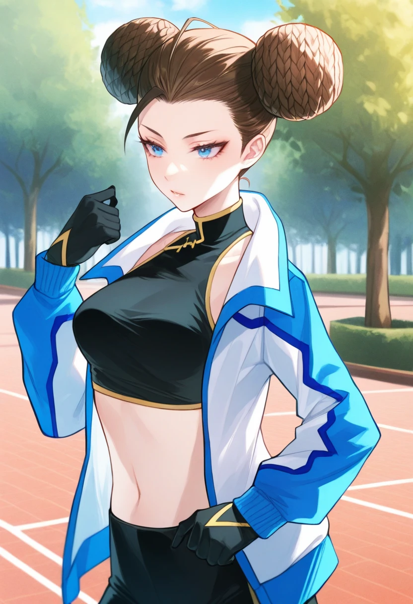 artist:gomzi,artist:wanke,artist:diyokama, rei_(sanbonzakura),[[artist:fuzichoco]],year 2023,
1girl, solo, fei wong tomoe ignacio, blue eyes, brown hair, double bun,
crop top, two-tone jacket, blue jacket, white jacket, black gloves, midriff,
park,
<lora:dscs_humancharacters.ilxl:1>