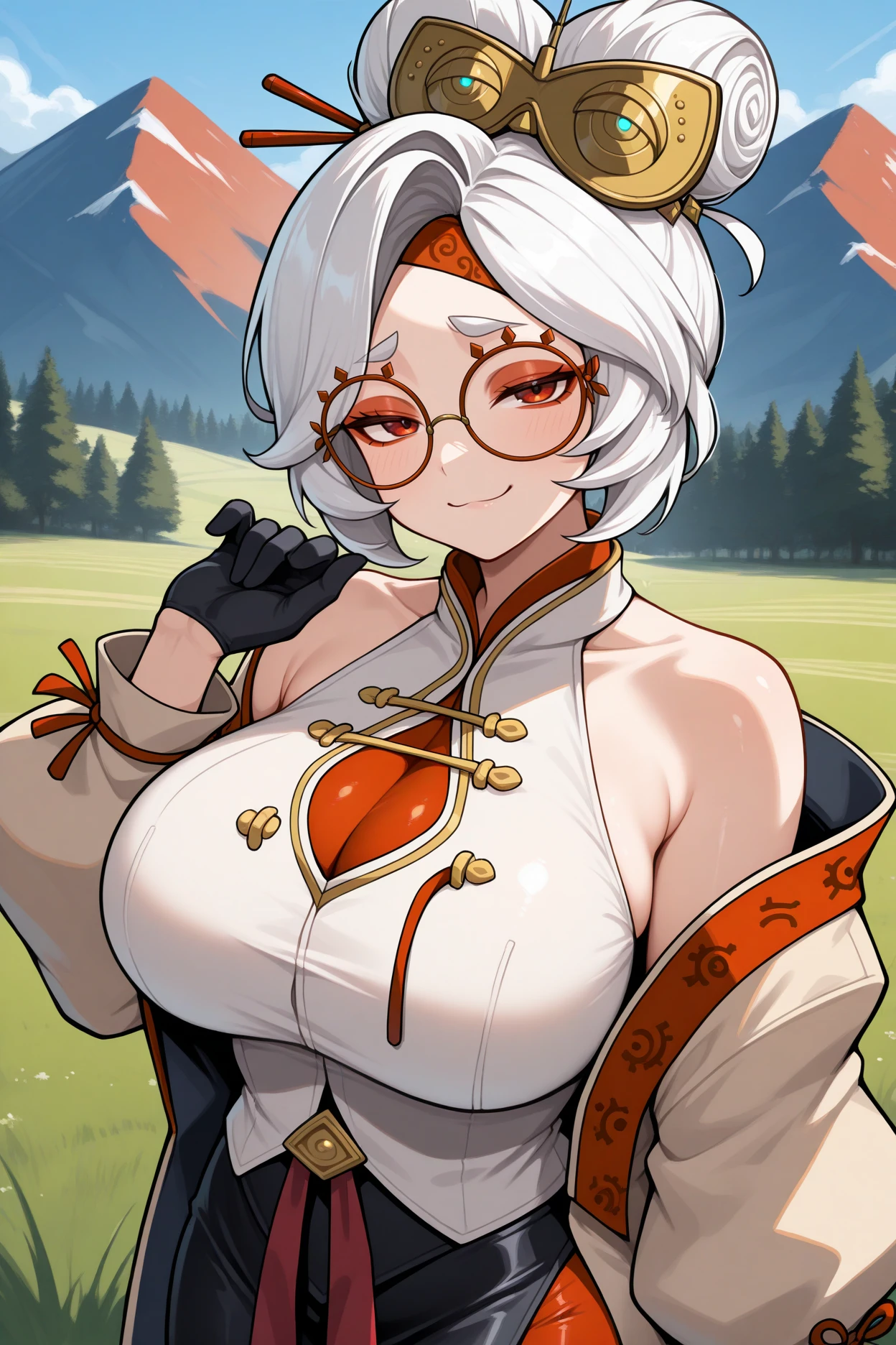 masterpiece, best quality, 1girl, solo,  <lora:purah-illu-nvwls-v1-000005:1> pur4h, white hair, red eyes, hair bun, hair ornament, red headband, red glasses, sleeveless shirt, beige shirt, beige jacket, red trim, open jacket, black skirt, red leggings, gloves, upper body, hand up, big breasts, blue sky, field, mountains, looking at viewer, half-closed eyes, smug, smile