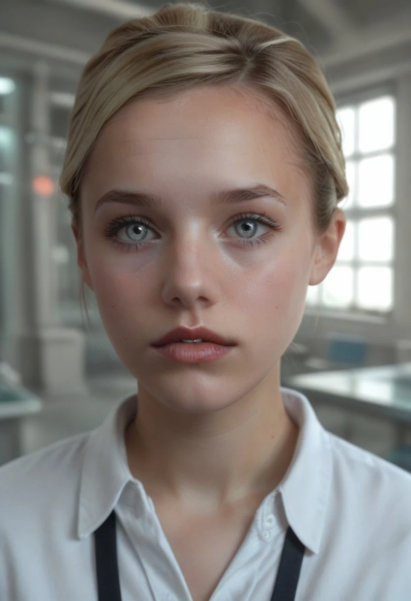 score_9, score_8_up, score_7_up, photo of lcstllmn, blonde hair, high bun updo, grey eyes, white shirt, badge, close up, (looking at viewer), parted lips, shy look, parted lips, masterpiece, slim figure, petite, pale skin, indoors, laboratory, shadowy, side lighting, warm lights, by loish