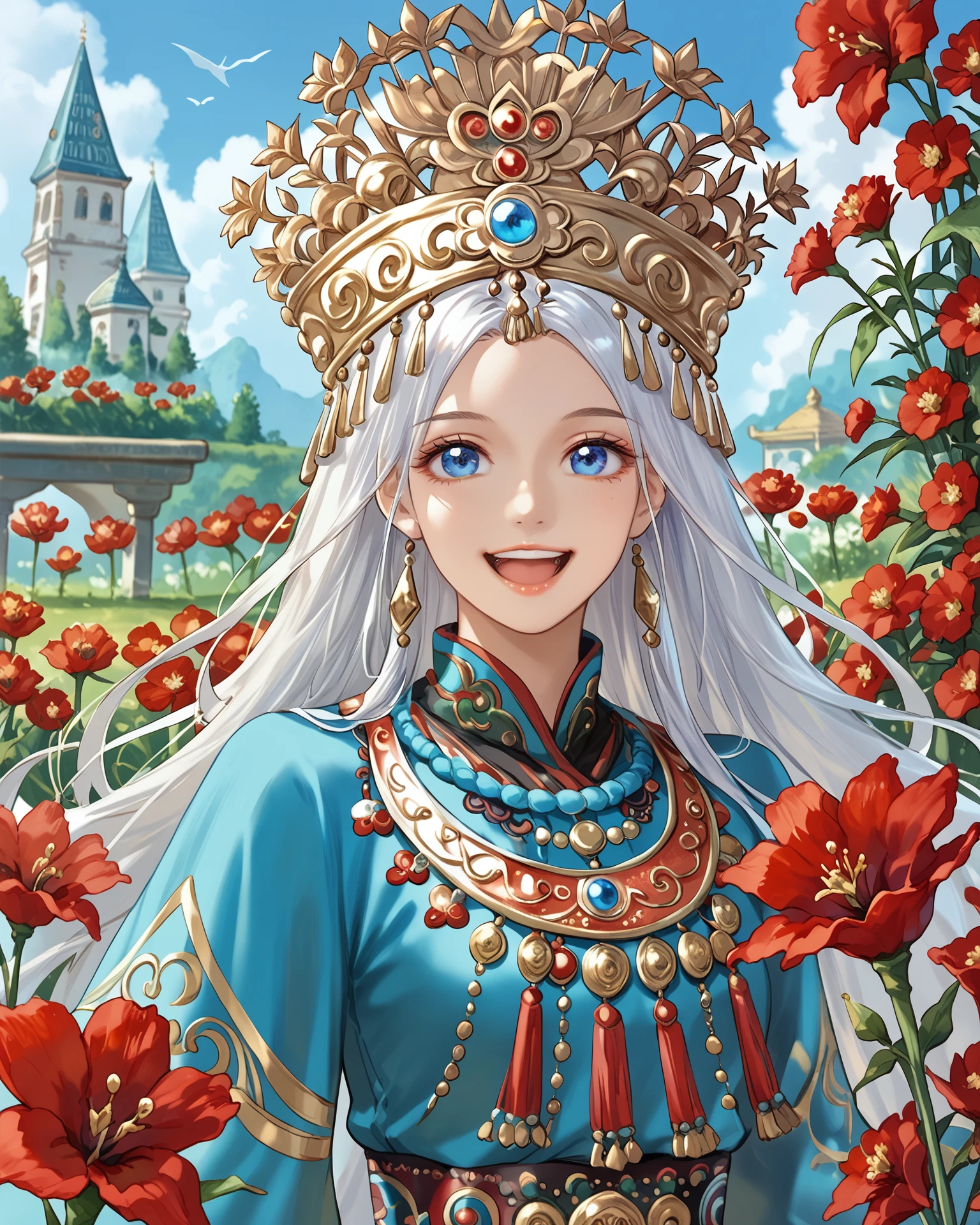 1girl, wearing miaofashion, miaofashion headdress, waist-up, ornate clothing, happy, long hair, red flowers, blue eyes, extremely detailed, digital art, masterpiece, absurdres, highest quality, score_9, score_8_up, score_7_up, outdoors, <lora:MiaoFashion_XL-000014:1>,   <lora:SCCD:1>, SCCD