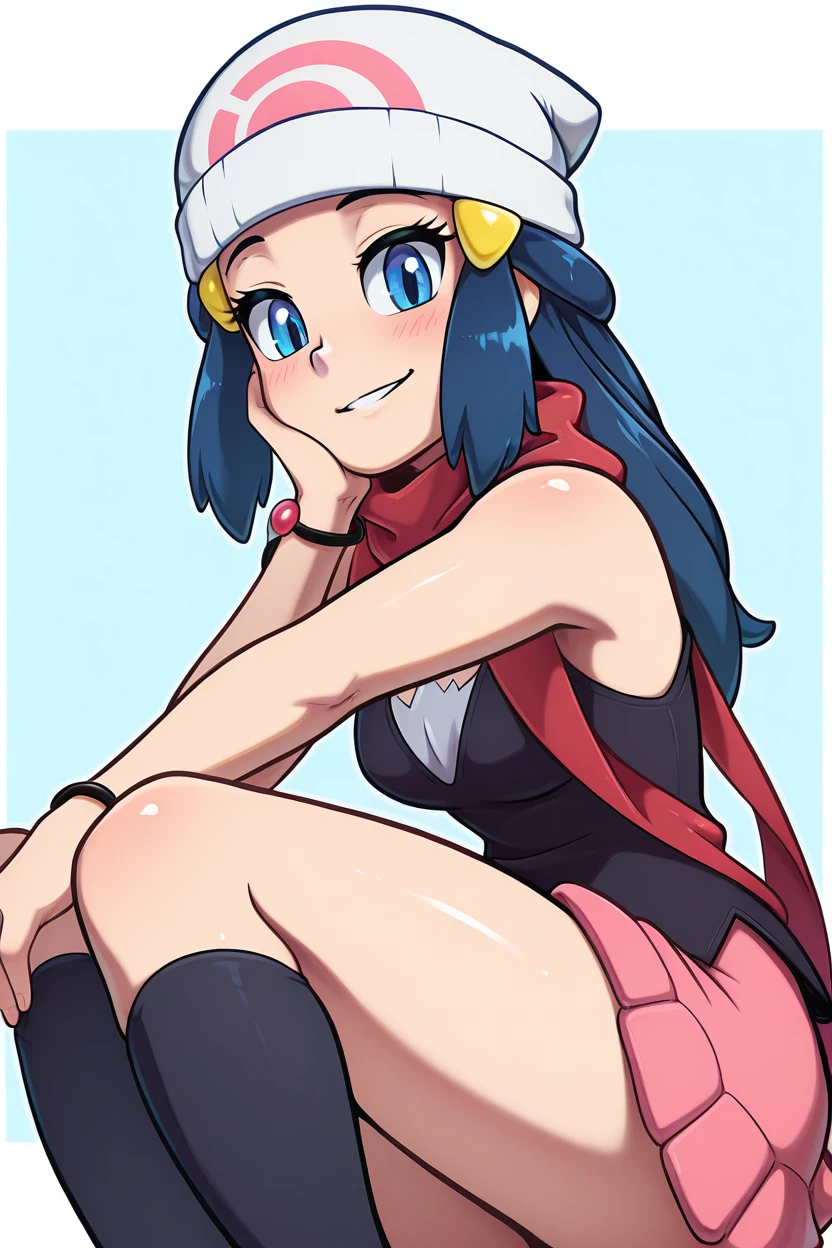 masterpiece, best quality, zzDawn, blue hair, blue eyes, sidelocks, long hair, bare shoulders, beanie, black shirt, black socks, bracelet, hat, jewelry, kneehighs, miniskirt, pink skirt, red scarf, scarf, shirt, skirt, sleeveless, sleeveless shirt, white headwear,  <lora:DawnPokemonIXL_e07:1.0>    <lora:theOtherHalfIXL_v2:1.0>,upper body, side view, smile, looking at viewer, shiny skin,