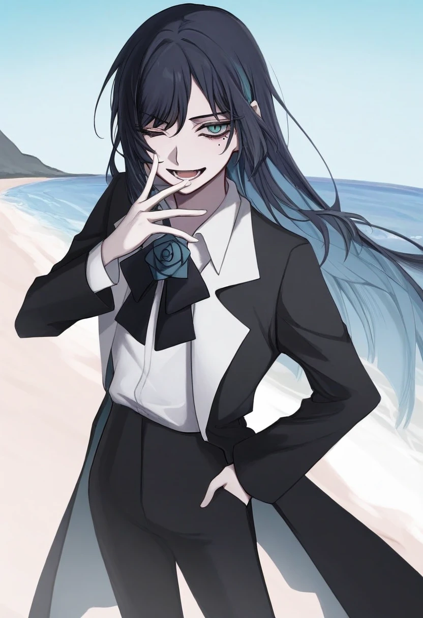 1girl, solo, chando, long hair, flower brooch, blue eyes, mole under eye, blue hair, multicolored hair, blue flower, blue rose, white shirt, collared shirt, black coat, black bowtie, black pants,
laughing, one eye closed, beach, clear skies, 
, <lora:Character_Ado - Chando:0.8>