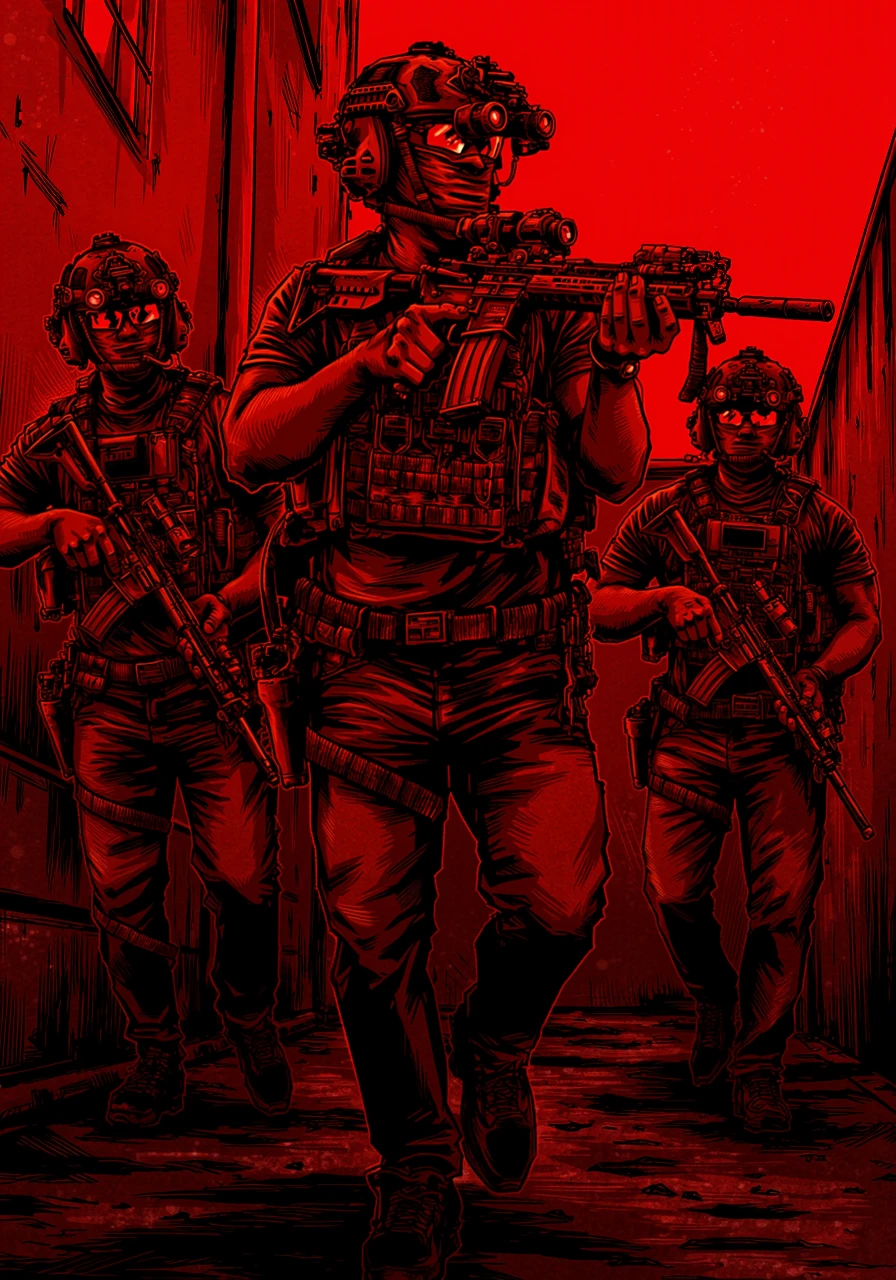 BPRE art of three operators equipped with tactical carbines, their weapons aimed and ad the ready, they wear full tactical gear including a high cut helmet with night vision goggles and communication equipment, and tactical chest rigs, there is a red hue to the scene as they advance through an alleyway at night<lora:BPRE-000013.safetensors:1.0:1.0>