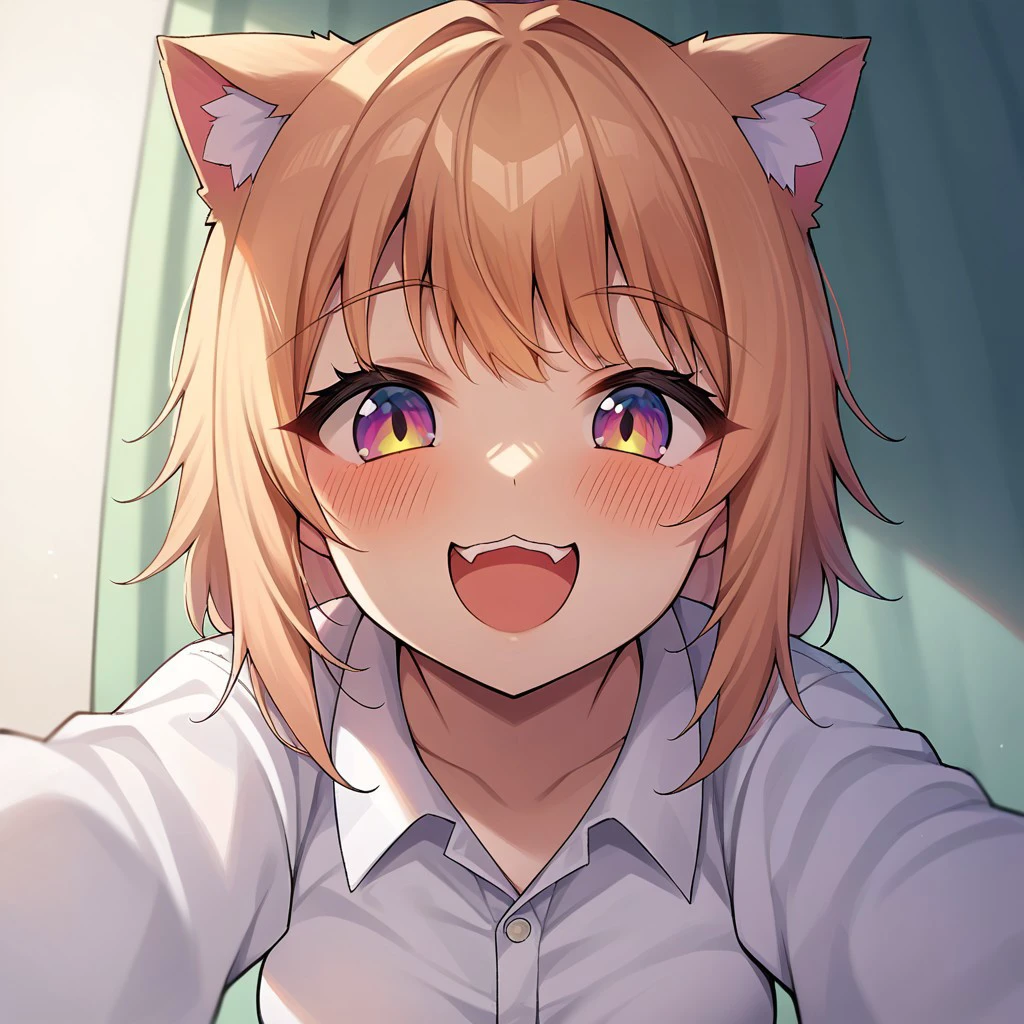 score_9, score_8, score_7, source_anime, naked white shirt, cat girl, POV, looking at viewer, blush, smile, open mouth, upper teeth only