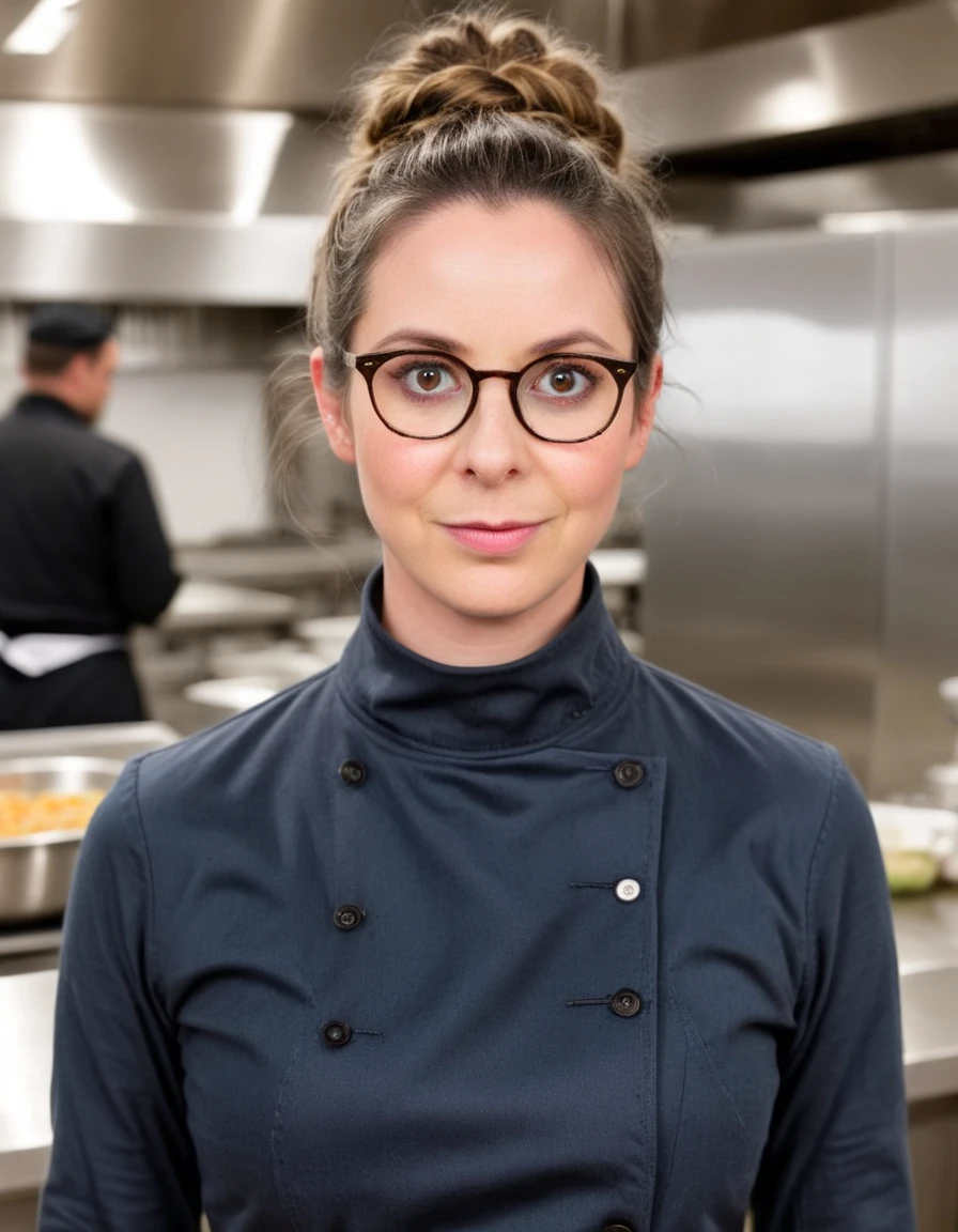 a professional absurdres raw intricately detailed sharp focus close full torso photograph of beautiful Delaney_Tabron, 
wearing a turtleneck long-sleeved shirt under an intricately stitched chef coat and high-wasted {leggings|jeans|skirt}, with a random hairstyle, 
making eye contact, high-quality close-up photo of a gorgeous chef, rimless eyeglasses, hair pulled back, silly, looking at the viewer as if to say "blerg" with her lips, background is a large commercial kitchen filled with judgemental lemurs, blurry background, bokeh,
 <lora:Delaney_Tabron-SDXL:0.8>