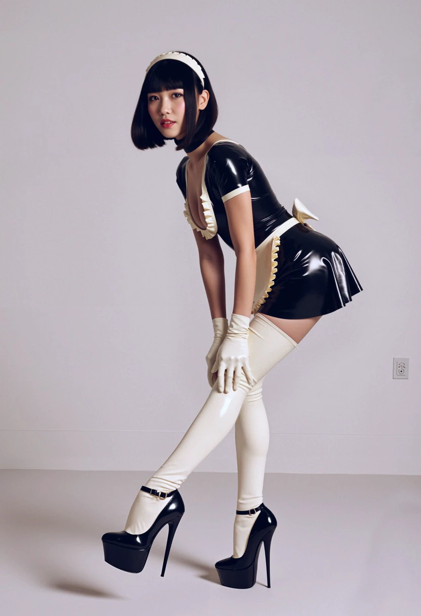 a beautiful asian woman with medium long straight black hair with blunt bangs wearing a latex maid outfit with a very short black microskirt, a white latex apron, white latex gloves, black latex choker, black very high stiletto high heels, white latex thighhighs, black and white headband, small breasts, standing with one leg raised touching her leg with both hands while leaning forward,standing on carpet floor, white wall with an electrical outlet on it