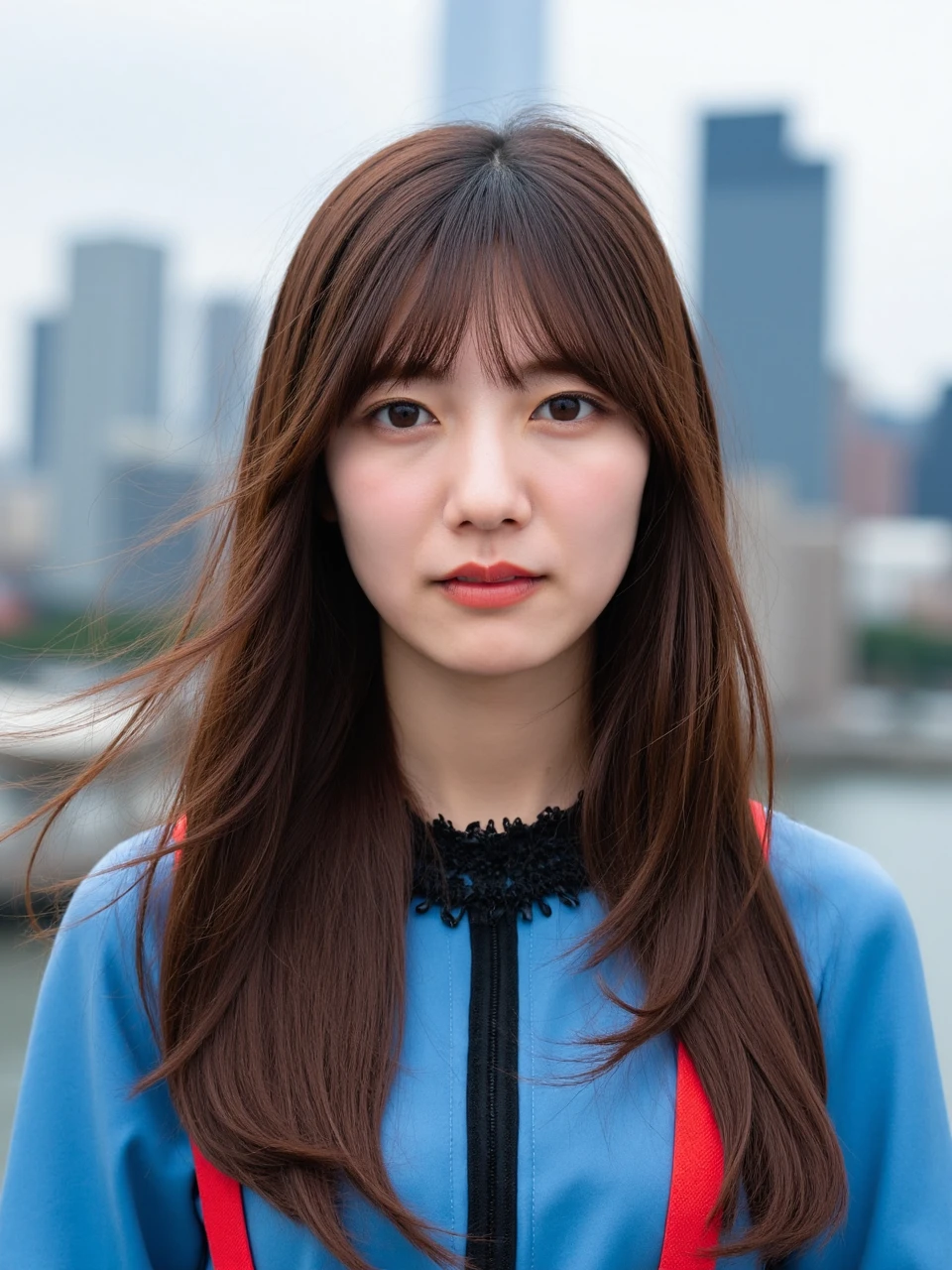 The image is a portrait of a young woman named kawata with very long brown hair and bangs. Her hair fluttered in the wind, messy hair. She is standing in front of a city skyline with tall buildings and a body of water in the background. The woman is wearing a blue blouse with a black choker necklace and red suspenders. She has a serious expression on her face and is looking directly at the camera. The overall mood of the image is serious and contemplative.