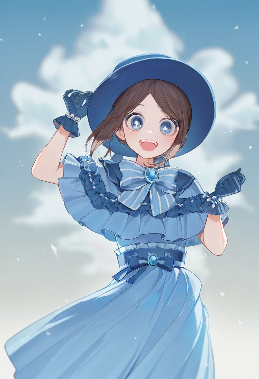 (masterpiece, high quality, amazing detail), highres, very awa, very aesthetic, absurdres, year 2024,
1girl, emma_woods, smile, short hair, open mouth, blue eyes, brown hair, gloves, hat, blue dress, bow, :d, blue headwear, looking at viewer <lora:emma_wood:1>