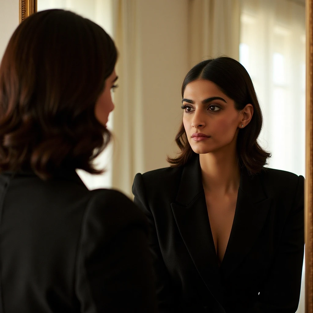 sonamkapoorukohwx with medium-length, dark brown, wavy hair styled in a slightly retro fashion, stands in front of a mirror. She is wearing a classic, tailored, black blazer with padded shoulders, suggesting a structured, sophisticated style.  The blazer is a dark, matte black, and seems to be made of a smooth, slightly heavy fabric.  Her expression is contemplative, almost introspective; her lips are closed and she gazes thoughtfully, as if looking at herself in the mirror. The lighting is soft, creating subtle, nuanced shadows that enhance the modeling of her face, accentuating her facial features.  The atmosphere is serene and thoughtful, with a hint of elegance and a focus on introspection.  The overall composition leans towards a portrait-style image, with a clear central focus on her.  Mirror reflection blurs a portion of the woman's body, showing only her presence behind a blurred image of another person.  The background is a light neutral tone (beige and white) representing a room.  The style of the image emulates a sophisticated, fashion-forward aesthetic within studio photography. Strong, even lighting and soft shadows underscore a refined and contemplative mood. The image's composition and focus create a timeless and artistic presentation, suitable for fashion magazine or art prints.
