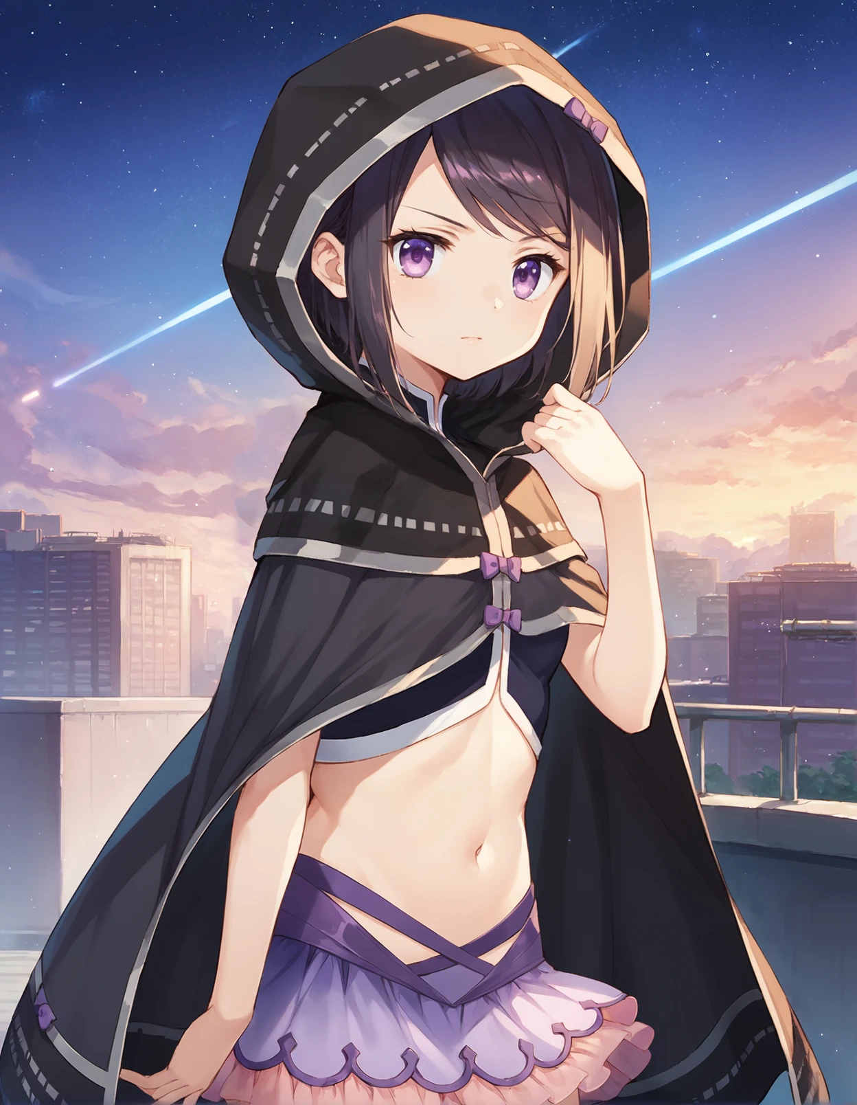 score_9, score_8_up, score_7_up, score_6_up, a girl standing on the city roof with a serious look, source_anime, detailed, solo focus, colorful, 1girl, perfect lighting, upper body, medium shot, mgrckuroe, black hair, purple eyes, looking at viewer, grey hooded cloak, (hood up), purple bows, black top, purple frilled skirt, pink see-through frills, (wind), outdoors, night, sky, stars, ((dynamic pose)), looking to the side, hand on elbow, hand up, (side view:0.6), <lora:mgrckuroe_XL:0.9>