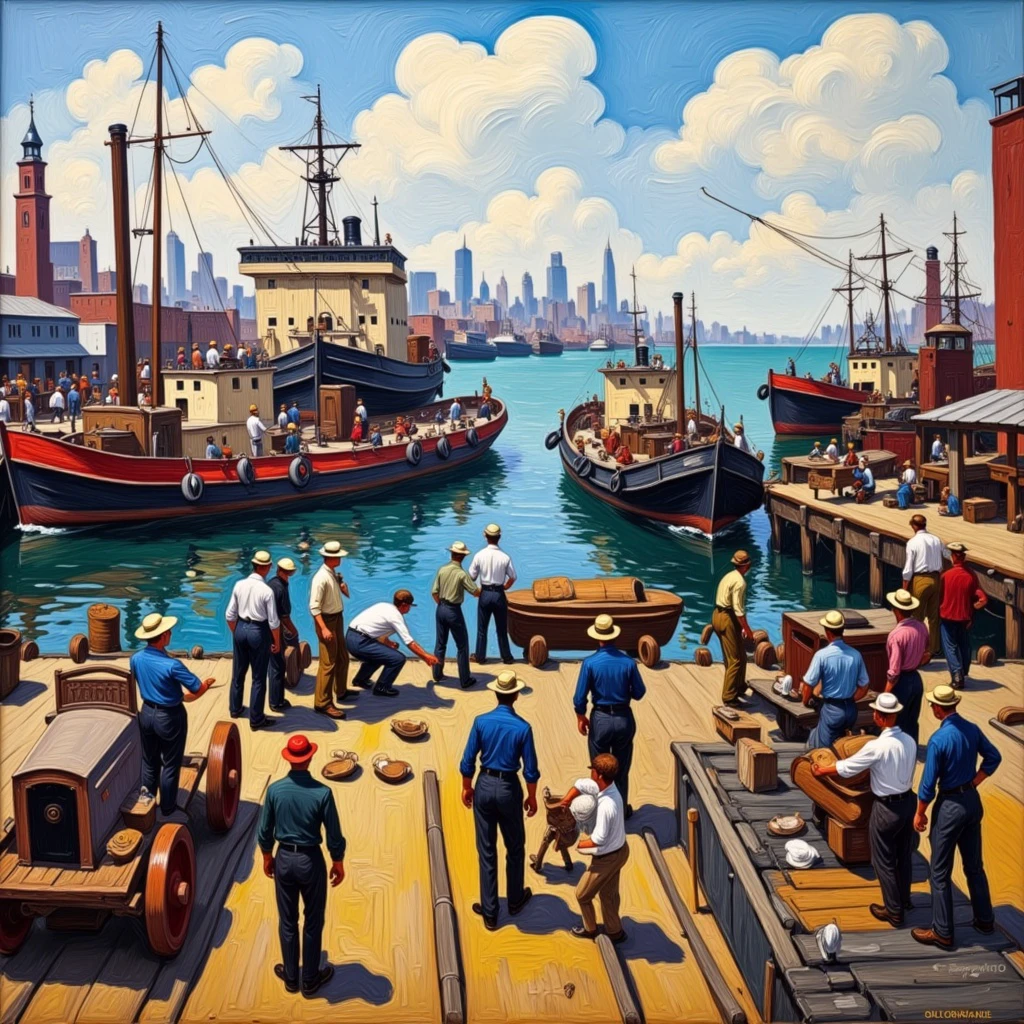 a AshcanScho Expressive Oil on canvas. Broad brushstrokes. A panorama of Chicago docks with workers