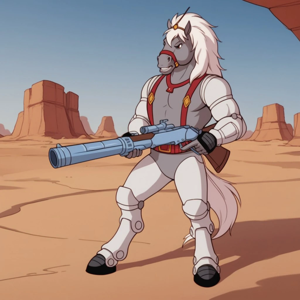 score_9, score_8_up, score_7_up, score_6_up, score_5_up, score_4_up, source_furry, thirty/thirtyBs, anthro, male, horse, grey fur, white hair, robotic limbs, red harness, desert, standing, holding, gun, blunderbuss, aiming gun