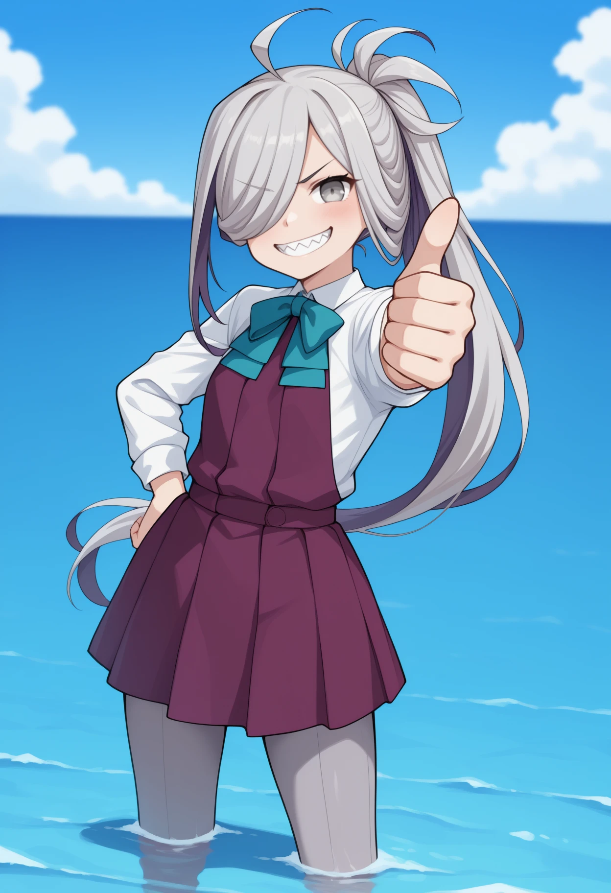 masterpiece, best quality, <break> solo, 1girl, ashmdef, sharp teeth, grin, looking at viewer, standing, outstretched arm, thumbs up, wading, long hair, multicolored hair, grey hair, ahoge, hair over one eye, ponytail, grey eyes, school uniform, purple dress, sleeveless dress, halter dress, pleated dress, white shirt, aqua bowtie, long sleeves, grey pantyhose, outdoors, blue sky, cloud, ocean, water
<segment:yolo-Anzhc Face seg 640 v2 y8n.pt,0.4,0.5//cid=1>