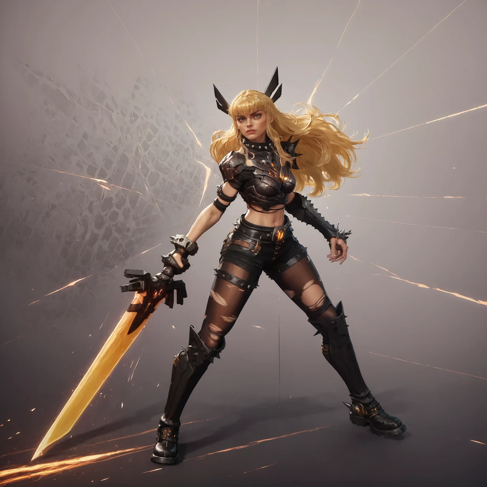 score_8,score_7,score_9,magikrivals,1girl,blonde,long hair,bangs,chest armor,spiked collar,fight pose,spiked headband,on her knees,torn pantyhose,spiked boots,spiked gloves,beautiful background,detailed background,sword