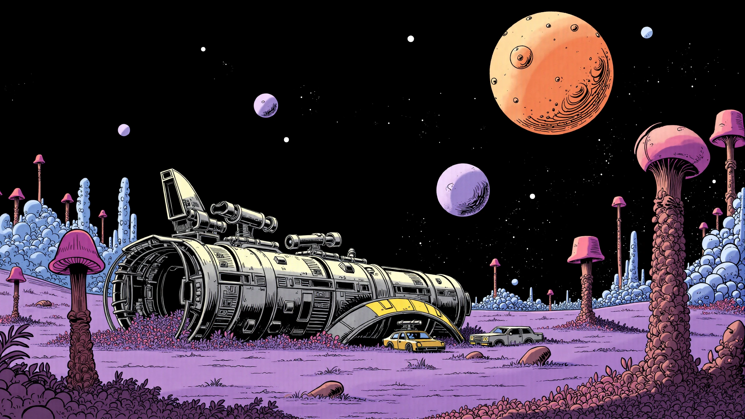 vintage comic book illustration by Jean-Claude Mézières of a a futuristic crashed space station in on the surface of an alien planet where the grass is purple and there are bizzare alien mushroom plants growing everywhere, the sky is black and full of stars and several alien planets