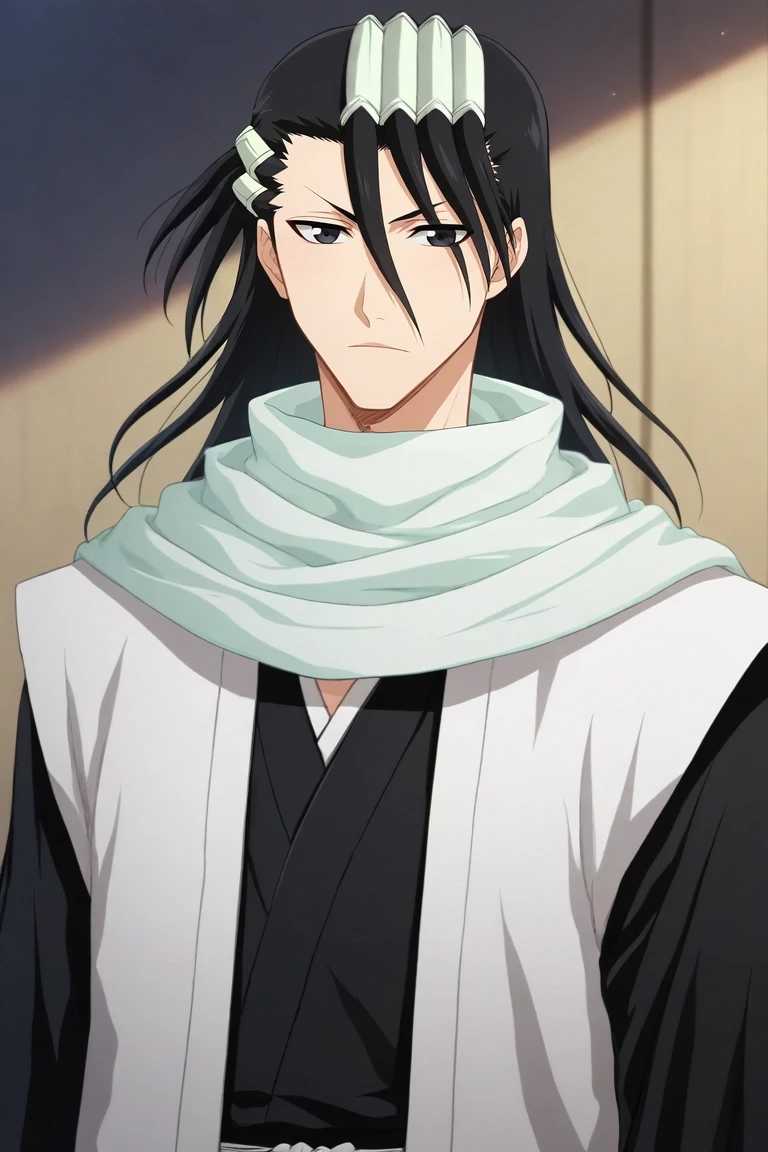 score_9, score_8_up, score_7_up, , rating_safe, intricate details, , looking at viewer, depth of field, 1boy, solo, male focus, <lora:byakuya_kuchiki_pony:1>, byakuya_kuchiki, black hair, black eyes, long hair, scarf, japanese clothes, haori, hair ornament, hair between eyes, , , <lora:sdxl_lightning_8step_lora:1>