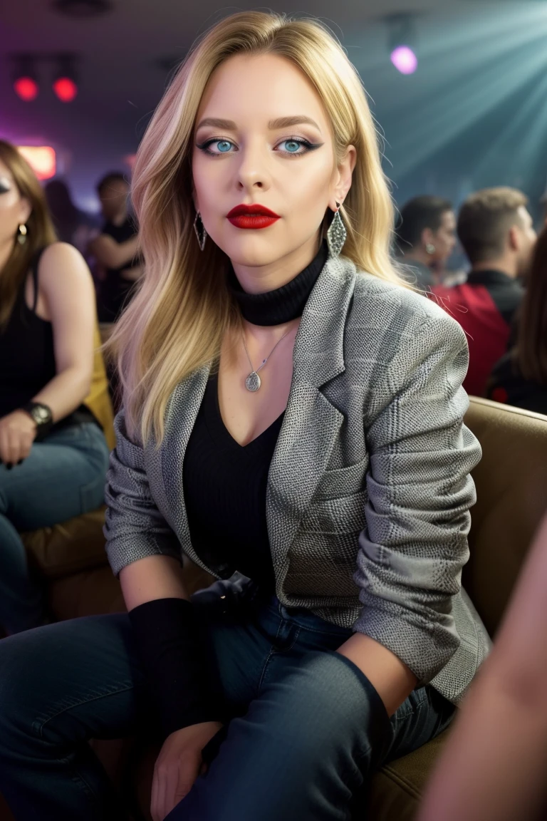 ,  best quality,  realistic,
 <lora:quiron_LauraGuldemond_v050330_Lora:0.87> lauraguldemondQuiron, makeup, blonde hair,   jewelry, looking at viewer, earrings, blue eyes,   lips, lipstick, Lying on the side, one hand under the head, Plaid blazer, black jeans, and loafers, 
Dappled Light, (look at viewer),intricate detailed, flash photography, amazing photo of a pretty woman , at blurred background crowded nightclub party  background,