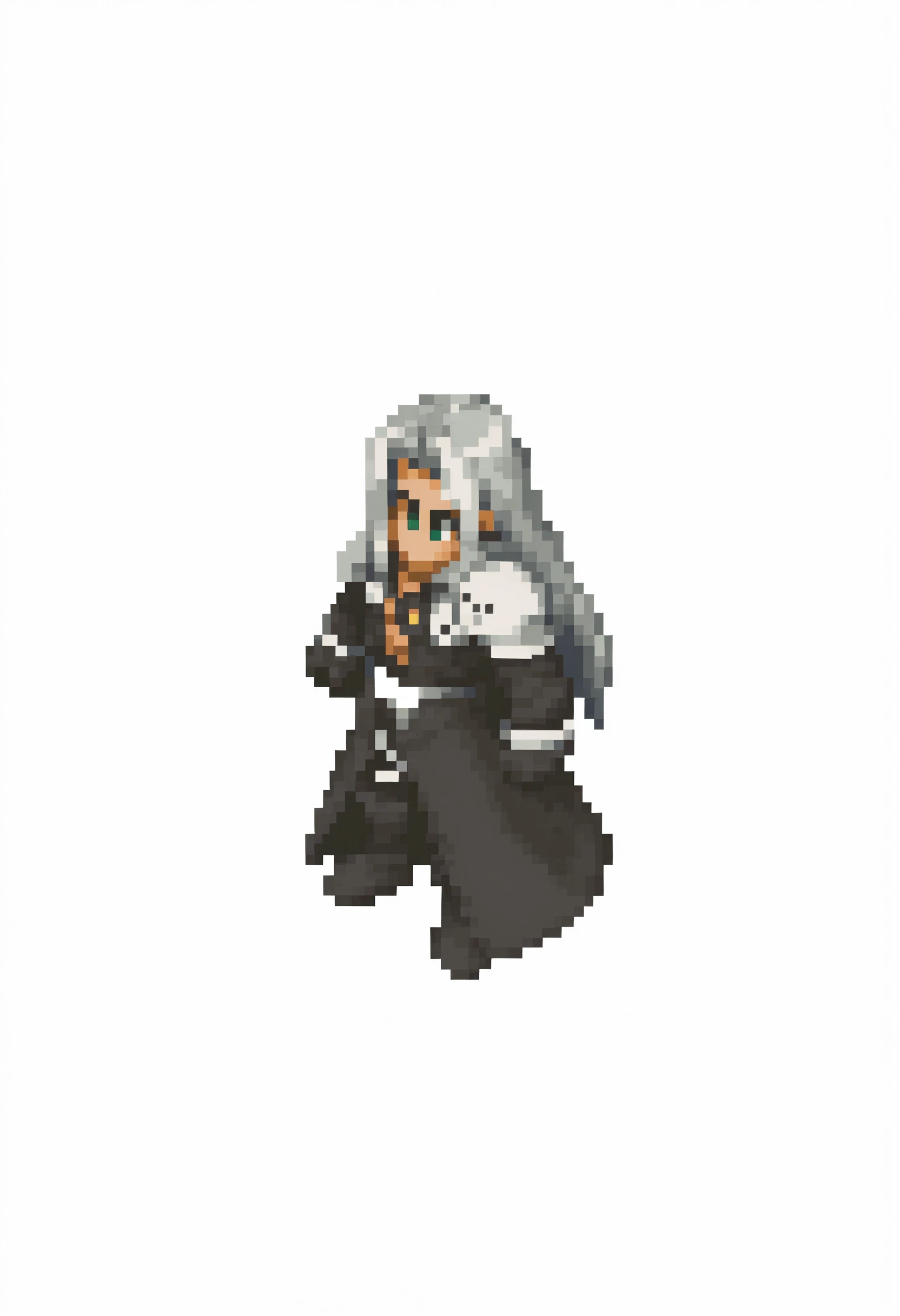 masterpiece, best quality, solo, 1boy, <lora:FFT-Sprites-illus_Fp:1>, looking at viewer, from side, full body, standing, solid oval eyes, no mouth, no nose, pixel art, simple background, white background, sephiroth,