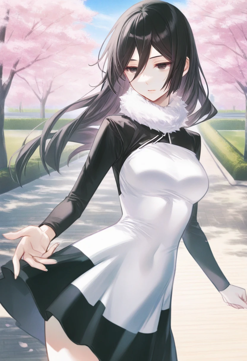 artist:gomzi,artist:wanke,artist:diyokama, rei_(sanbonzakura),[[artist:fuzichoco]],year 2023,
1girl, solo, kamishiro yuuko, black eyes, black hair, long hair,
two-tone dress, fur-trimmed dress, black dress, white dress,
park,
<lora:dscs_humancharacters.ilxl:1>