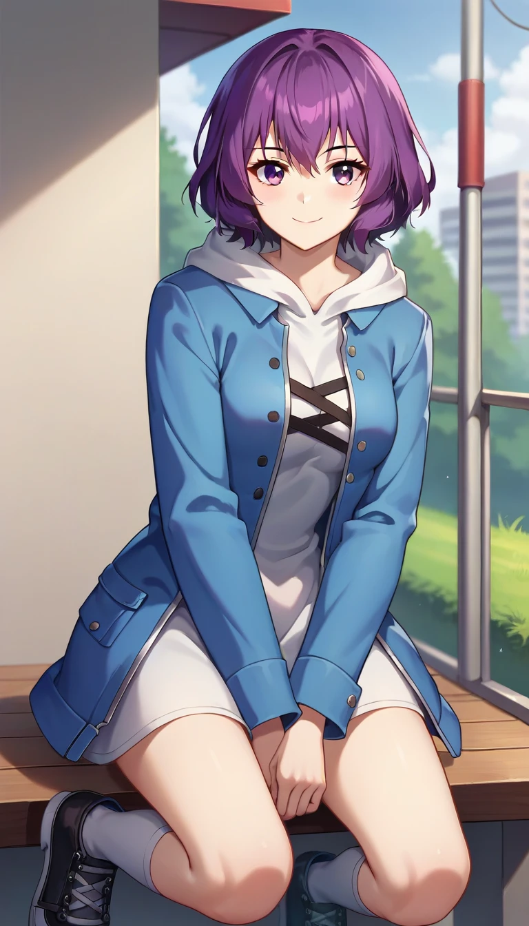 score_9,score_8_up,masterpiece,best quality,correct anatomy,anime_source,1girl,solo,perfect eyes,perfect arms,perfect legs,perfect face,outdoors,upper body,(portrait:1.5),looking at viewer,facing viewer,smile,blush,Tang Rou,short hair,purple hair,hair between eyes,bangs,purple eyes,blue jacket,open jacket,white dress,hoodie,long sleeves,medium breasts,white socks,cross-laced footwear,black footwear,<lora:Tang Rou(tka)-Pony:1.2>,