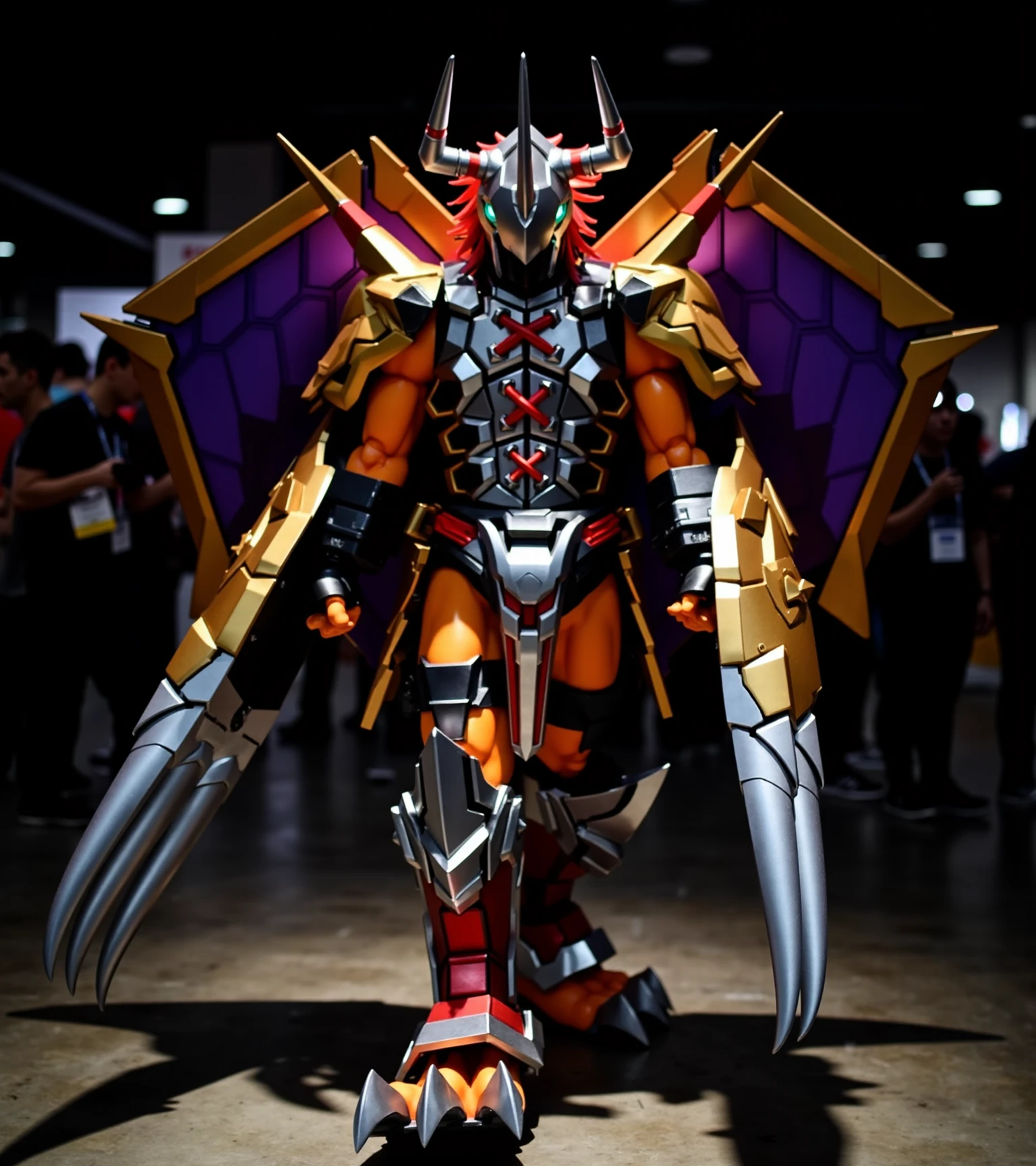 cinematic photo cinematic photo HDR photo of wargreymonex,a man is wearing a costume in a gold, orange ,silver, red and black colors.armor with horns and horns on his head,dragon orange feet, ,orange hand, a man holding a sword in his both hands, a man is walking through the viewing ,a robot with a Shiny golden and red body and purple wings,his detailed eyes, a vivid shade of emerald aqua green and shiny blue, capturing the essence of the beloved character, He is wearing a costume,The setting is indoors at a bustling convention hall with excellent Sufficient light, with other attendees in various costumes in the background. The hall is decorated with banners and booths showcasing different fandoms, creating a vibrant and energetic atmosphere typical of major cosplay events like Comic-Con or Anime Expo. sparkle with a blend of enthusiasm and playfulness, capturing the essence of the beloved character, male In this dynamic portrait ,standing in to full body featuring stunning sparkle with a blend of enthusiasm and playfulness, capturing the essence of the beloved charactercurtain. High dynamic range, vivid, rich details, clear shadows and highlights, realistic, intense, enhanced contrast, highly detailed, 35mm photograph, film, bokeh, professional, 4k, highly detailed<lora:wargreymonex:0.8> . High dynamic range, vivid, rich details, clear shadows and highlights, realistic, intense, enhanced contrast, highly detailed, 35mm photograph, film, bokeh, professional, 4k, highly detailed . 35mm photograph, film, bokeh, professional, 4k, highly detailed, Photorealistic, Hyperrealistic, Hyperdetailed, analog style, soft lighting, subsurface scattering, realistic, heavy shadow, masterpiece, best quality, ultra realistic, 8k, golden ratio, Intricate, High Detail, film photography, soft focus