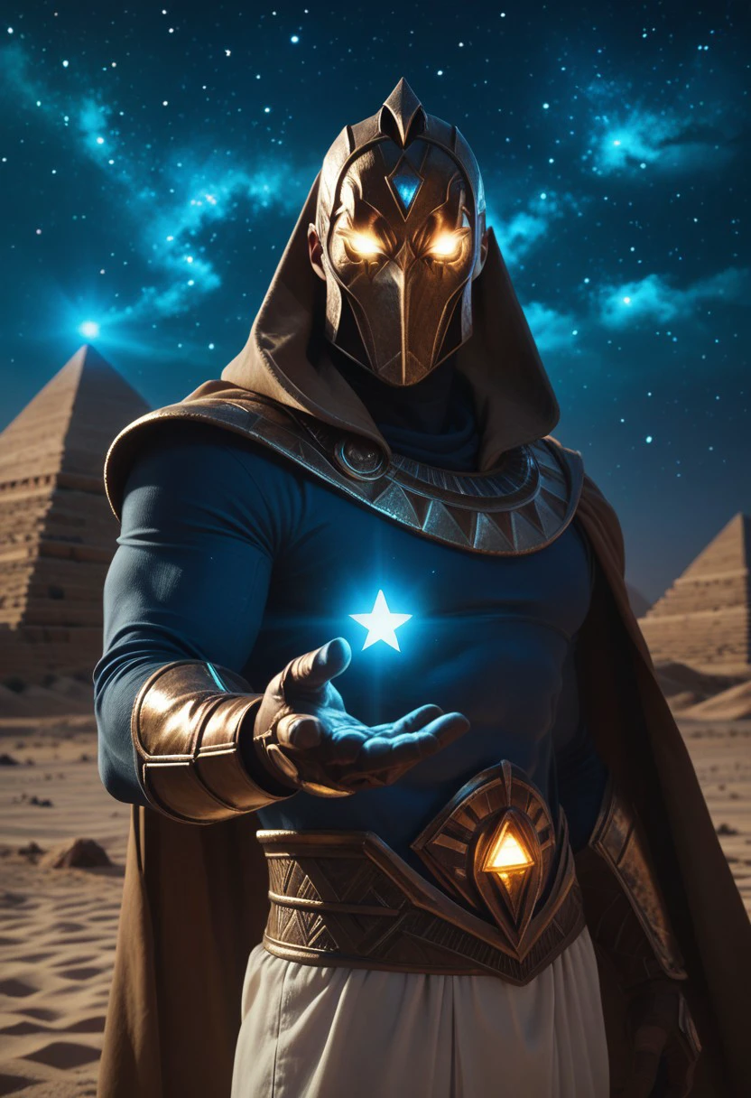 score_9, score_8_up, score_7_up, mask, close view, action pose, pyramids background, desert, night, star sky, glowing white eyes