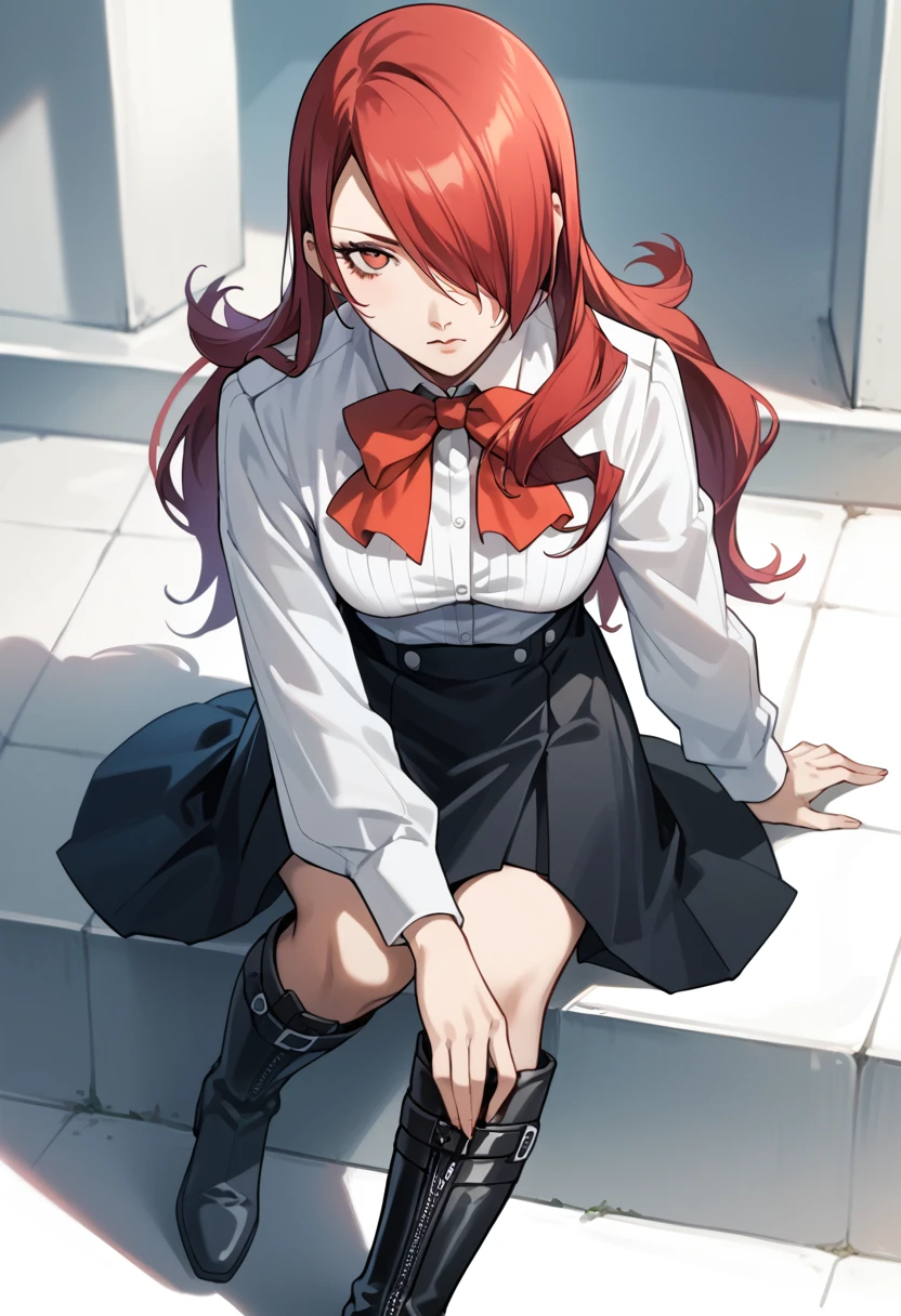 score_9, score_8_up, score_7_up, (source_anime), 1 girl, solo,
p3mitsuru, long hair, hair over one eye, white shirt, red bowtie, black skirt, knee boots, black footwear, gekkoukan high school uniform,
masterpiece, best quality, ultra detailed, absurdres, very aesthetic