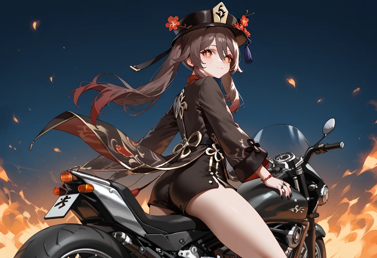 score_9, score_8_up, score-7_up, 1girl, extremely detail face, hutao, long hair, bangs, brown hair, red eyes, hair between eyes, twintails, sidelocks, symbol-shaped pupils, long sleeves, hat, jewelry, flower, shorts, wide sleeves, coat, chinese clothes, black shorts, ring, black nails, hat ornament, hat flower, riding motorcycle, on motorcycle, from behind, night background <lora:From_behind_-_On_Motorcycle-pony:1>   <lora:genshin-hutao-ponyxl-lora-nochekaiser:1>