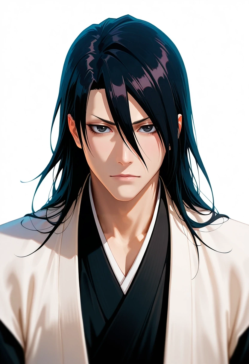 masterpiece, best quality, , (photorealistic:0.6), , , 1boy, solo, male focus, <lora:byakuya_kuchiki_ilxl:0.9>, byakuya_kuchiki, black hair, black eyes, , hair between eyes, , ,