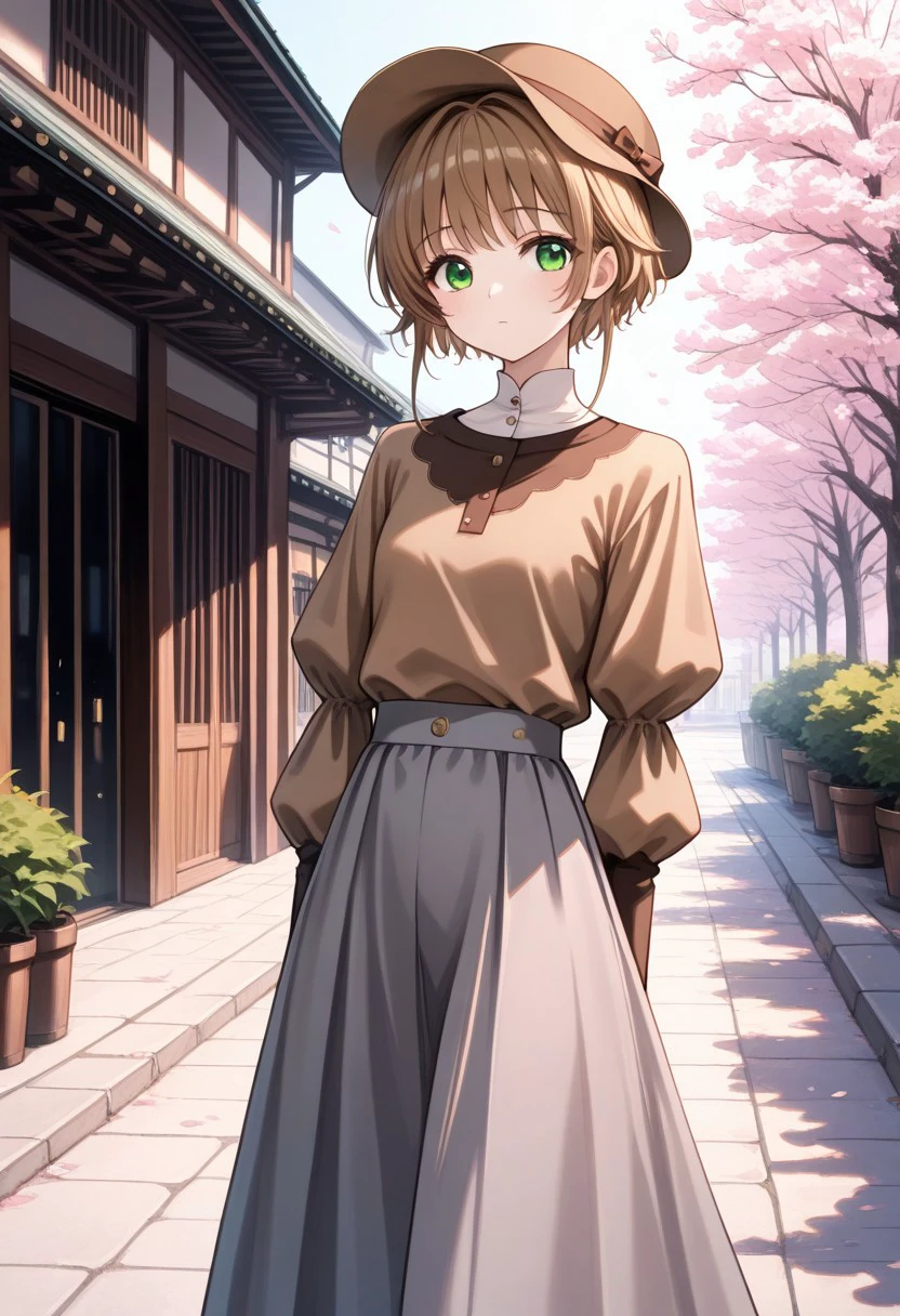 masterpiece, best quality, 
sakura_t, 1girl, solo, green eyes, brown hair, short hair, hat, brown headwear, shirt, brown shirt, puffy sleeves, long sleeves, skirt, long skirt, grey skirt,
outdoor,