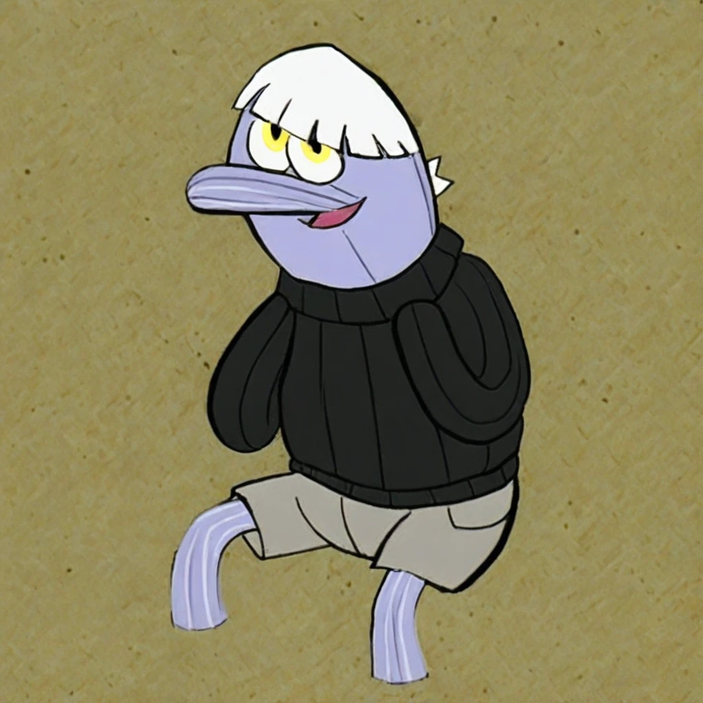 mikus-style. black sweater, gray shorts, white hair, yellow eyes