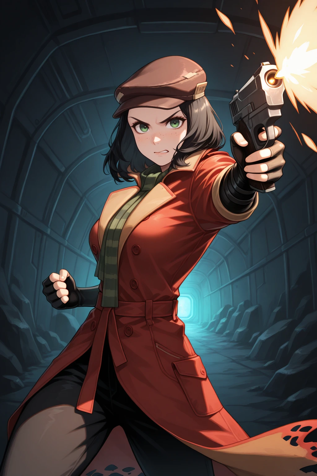 masterpiece, best quality, angry, 1girl, p1p3r, freckles, black hair, green eyes, forehead, medium hair, medium breasts, two-tone coat, brown cabbie hat, red coat, brown coat, torn coat, green scarf, undershirt, black pants, elbow gloves, brown gloves, leather gloves, fingerless gloves, holding weapon, handgun, firing, dynamic pose, foreshortening, muzzle flash, indoors, underground, science fiction, dark room, <lora:Hoseki_Fallout_PiperWright_IllustriousXL_v1:1>