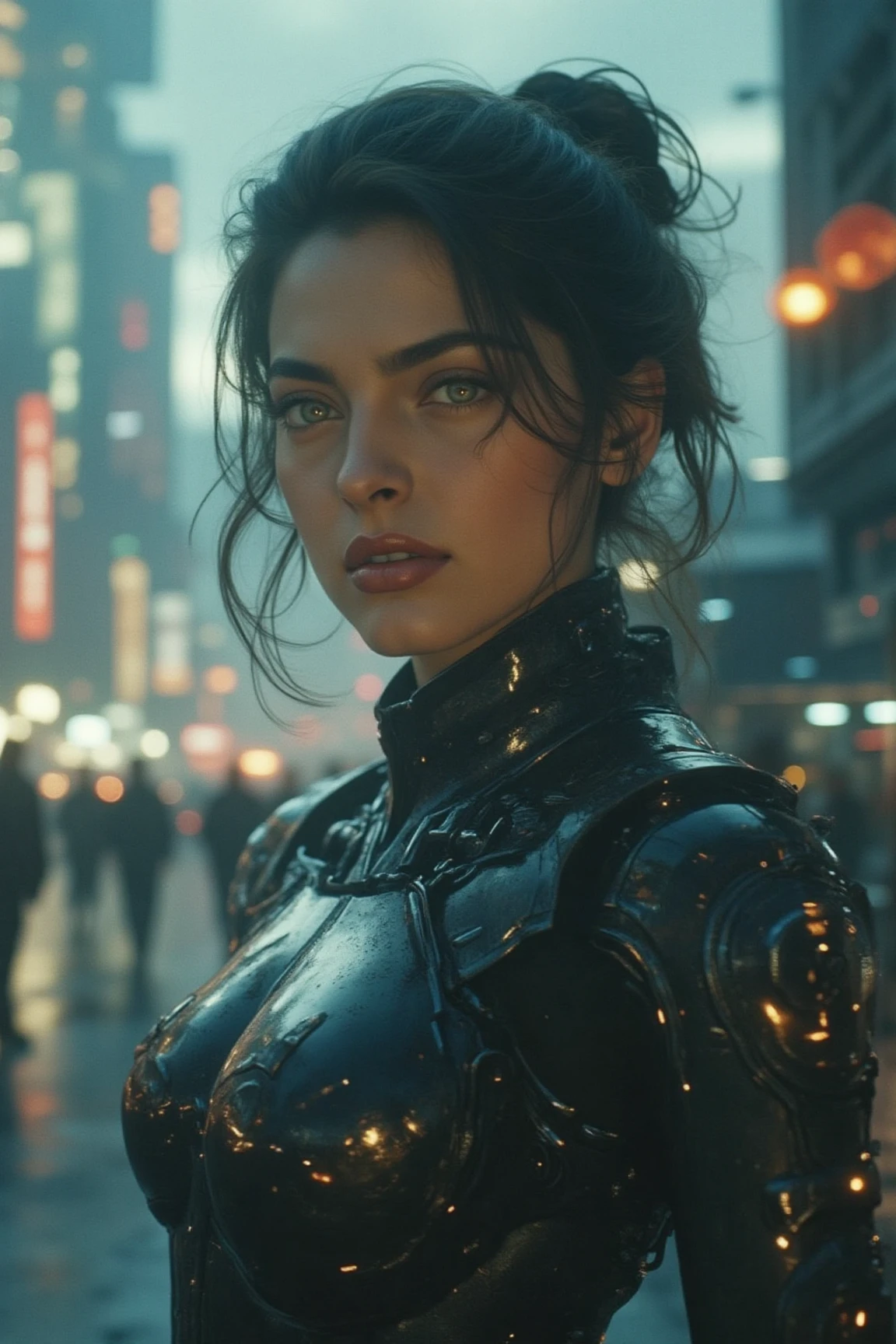 (photo of juhiflx, a beautiful cybernetic woman), (soft even lighting), (futuristic city behind), (wearing cybernetic robot clothes in cyberpunk world), detailed face, detailed eyes, ((medium body portrait)), masterpiece, ((best quality))