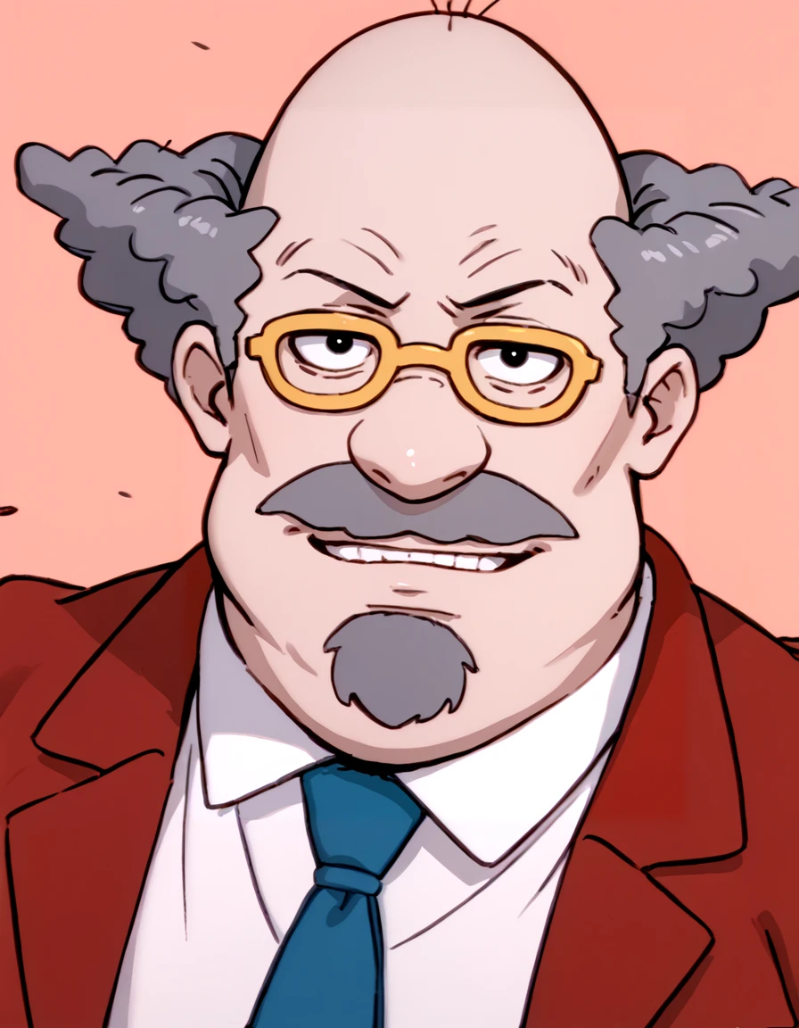 <lora:Dr_Lipschitz_PONY:0.9> 1boy, solo, grey hair, bald, patterned baldness, black eyes, facial hair, mustache, glasses, yellow-framed eyewear, white shirt, collared shirt, red jacket, red suit jacket, blue necktie, portrait, looking at viewer, smug, source_cartoon, score_9, score_8_up, score_7_up, score_6_up, score_5_up, score_4_up,