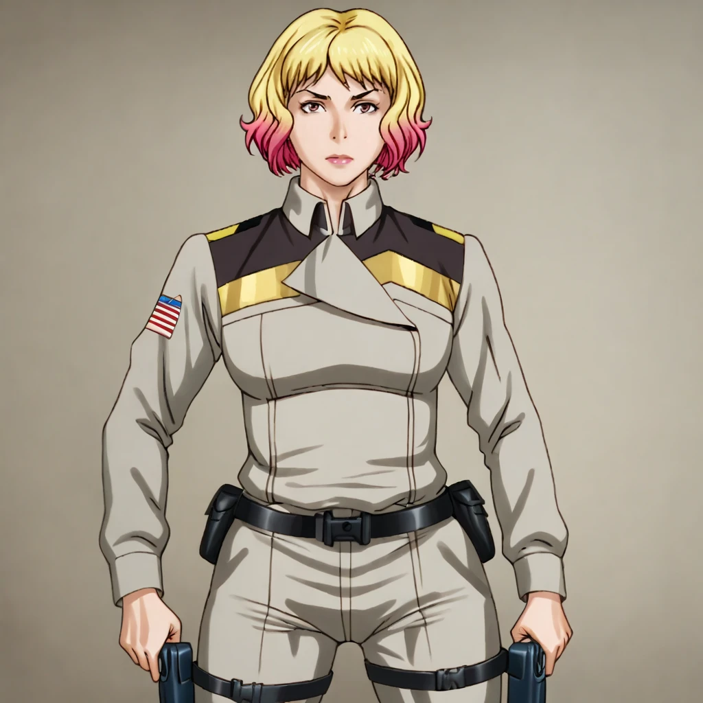 <lora:carlos_pony_v1:1> score_9, carlos_style, carlos, source_artwork  , cowboy shot <lora:sofialouis_pony_v1:0.79> SofiaLouis, 1girl, military uniform, holster, belt, pants, short blonde pink multicolored gradient hair, cowboy shot