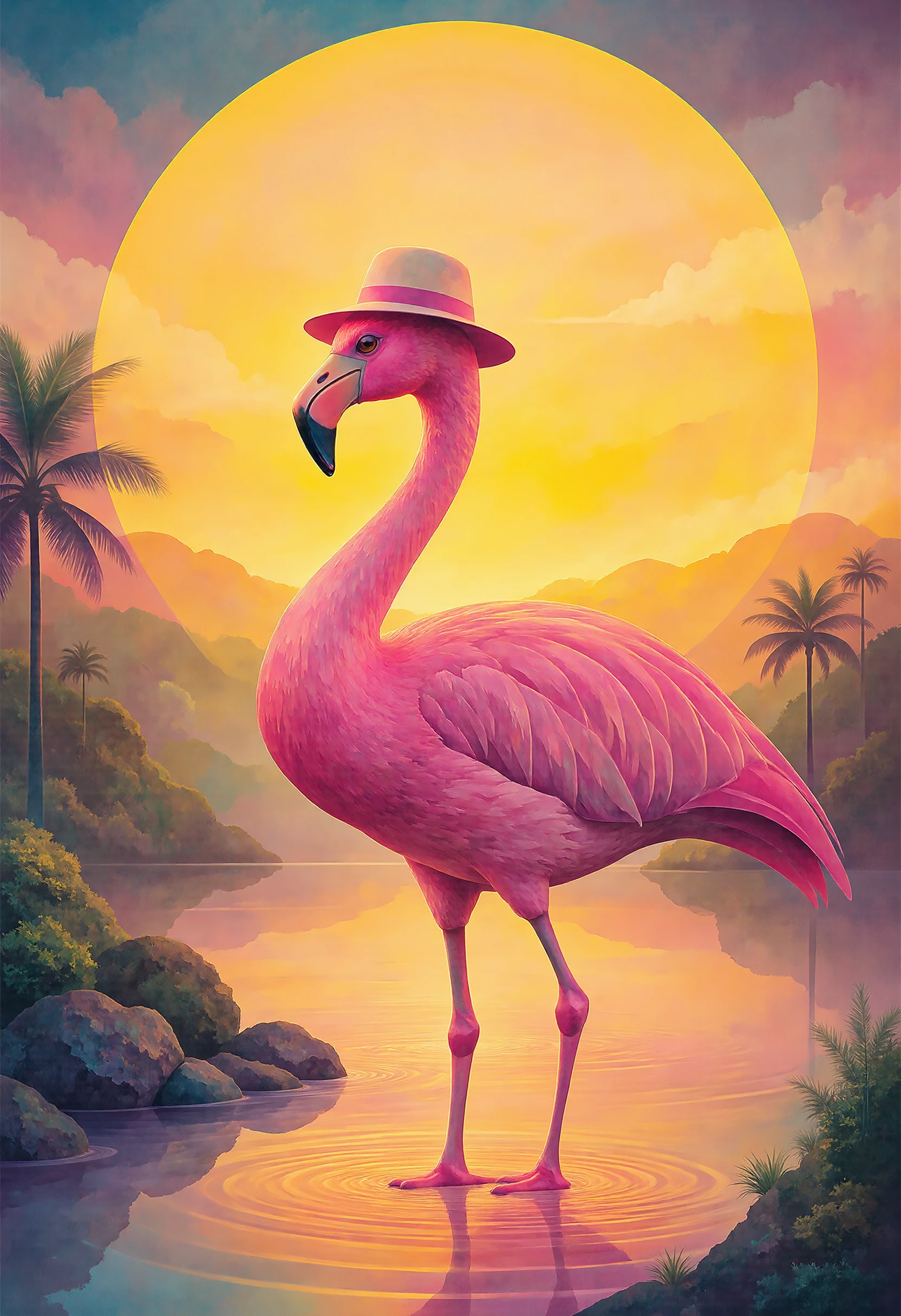 A digital artwork in the style of CLRFL, depicts a pink a flamingo dancing in the sunset. He is wearing a white hat and a sunglass.