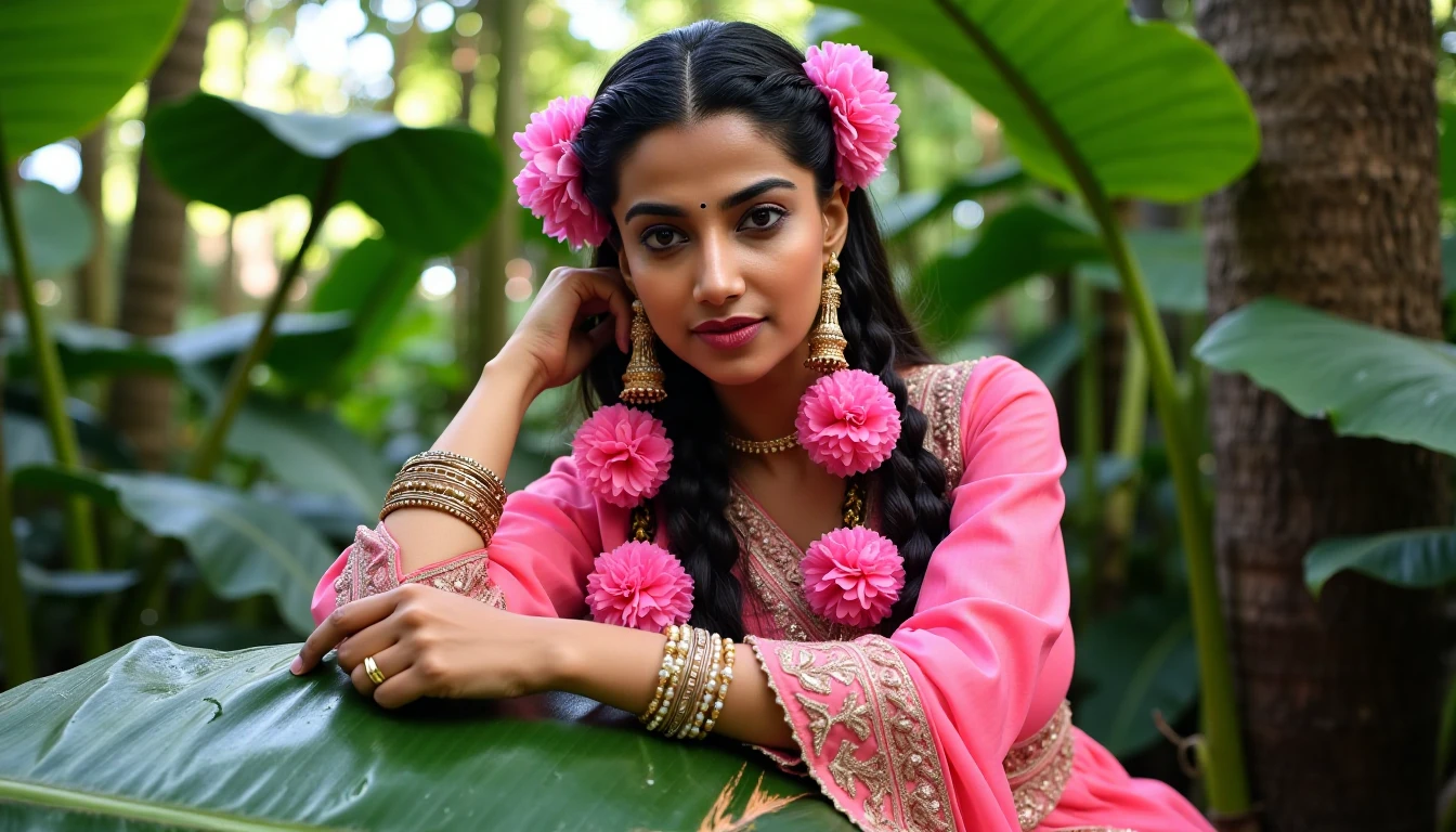 meencohwx , with long, dark hair styled in intricate braids adorned with pink flower garlands.  Intricate flower detailing forms a part of a vibrant pink outfit, resembling a traditional, ornate blouse.  Gold jewelry, including a substantial cuff and ring, complements the ensemble.  A contemplative expression with a focused gaze, hints at thoughtful introspection.  She is positioned slightly angled, leaning against a large, glossy, wet banana leaf.  The tropical setting is vibrant, with lush greenery and soft dappled sunlight filtering through the foliage causing a soft, diffused lighting. The backdrop includes various greenery creating a natural frame around her figure. The banana leaf, positioned in the foreground, adds depth and texture to the composition, highlighting reflective and wet elements that add a depth of field and visual interest. The palette is bold yet refined, with deep greens, vibrant pinks, and hints of gold. The photo style exudes a tropical, artistic mood featuring a suggestive boho-chic and ethnic vibe.  Portrayal is somewhat intimate, capturing a serene, serene, tropical mood.  A natural, subdued lighting creates a soft focus, highlighting the subject's expression and attire.