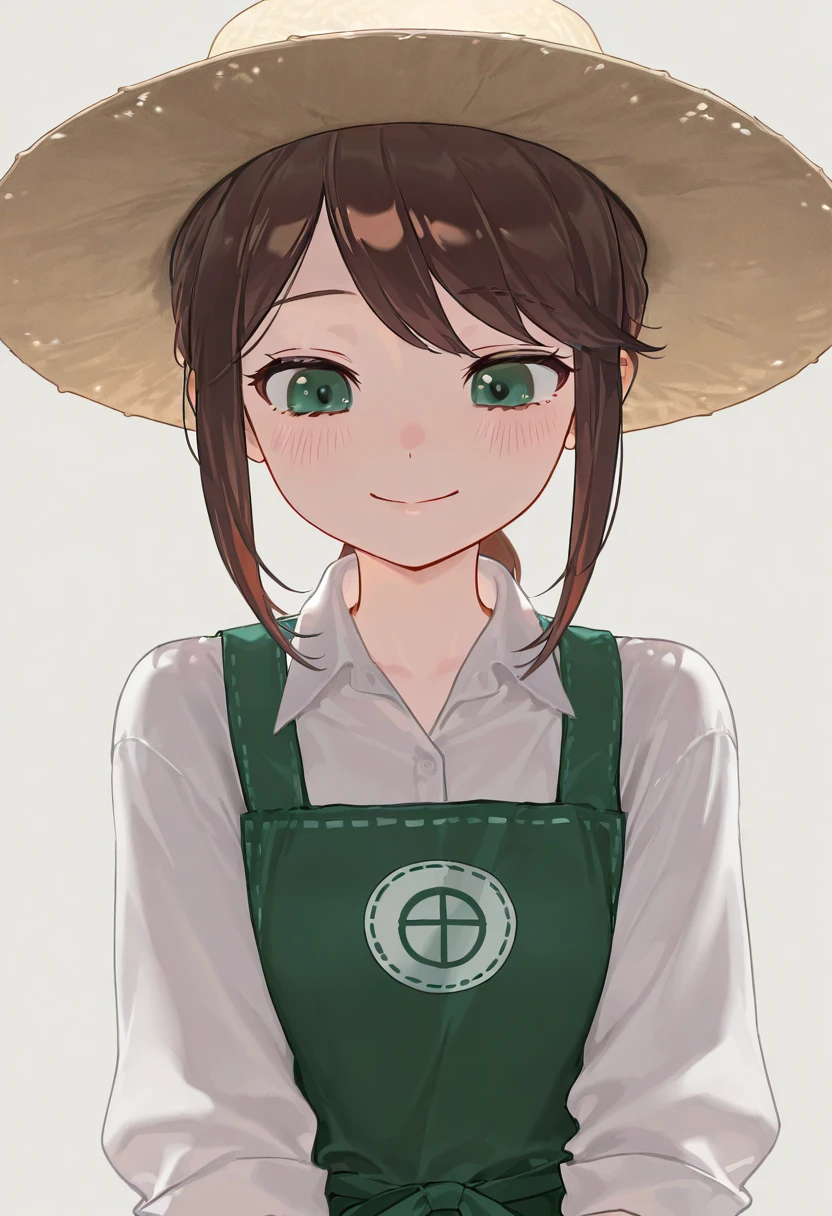 (masterpiece, high quality, amazing detail), highres, very awa, very aesthetic, absurdres, 1girl, emma_woods, green eyes, blush, smile, simple background, brown hair, shirt, hat, closed mouth, white shirt, sidelocks, collared shirt, apron <lora:emma_wood:1>