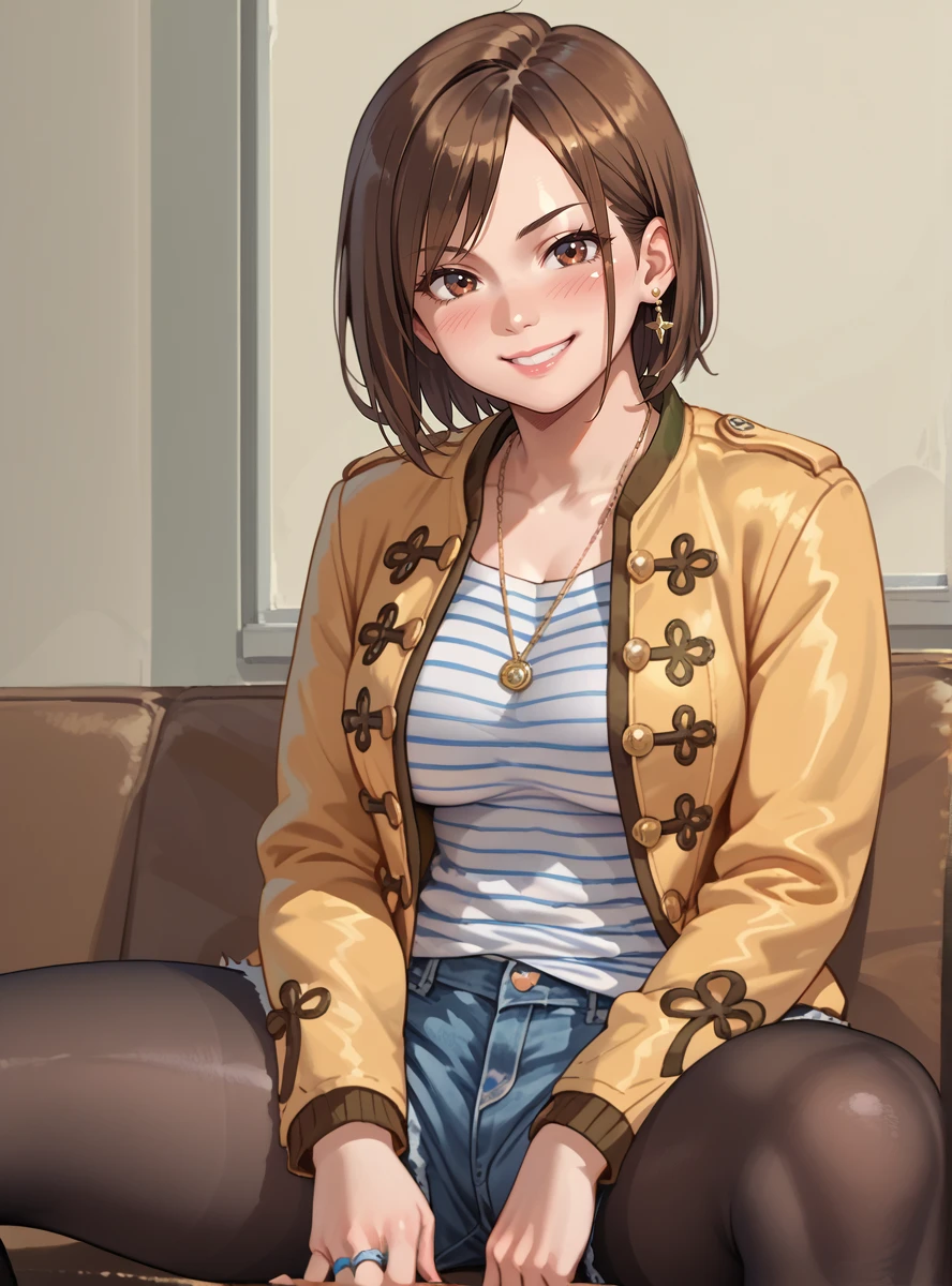 score_9, score_8_up, score_7_up, score_6_up,source_anime anime screencap  anime coloring,  <lora:LukaMilfyXL:0.7>lukamilfy, brown hair, pantyhose, jacket, shorts, legwear under shorts, jewelry, brown eyes, denim, striped, 1girl, striped shirt, short hair, necklace print_legwear thick thighs,  shiny skin, sitting, smile indoors, smirk spread legs nose blush,  large breasts,