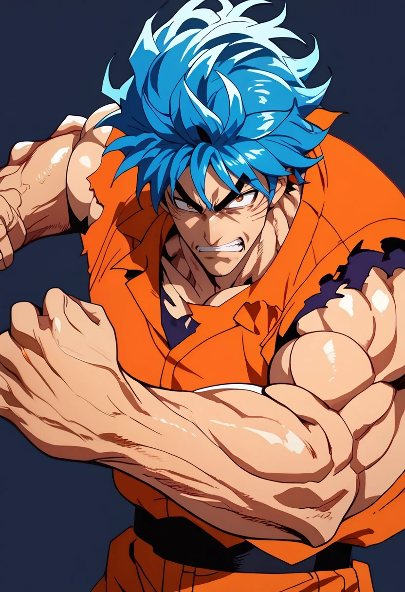 score_9, score_8_up, score_7_up, (masterpiece:1.2), (best quality:1.3), 1boy, simple background, <lora:Toriko:0.75> trko, muscular, blue hair, torn clothes, orange sleeveless, fighting stance