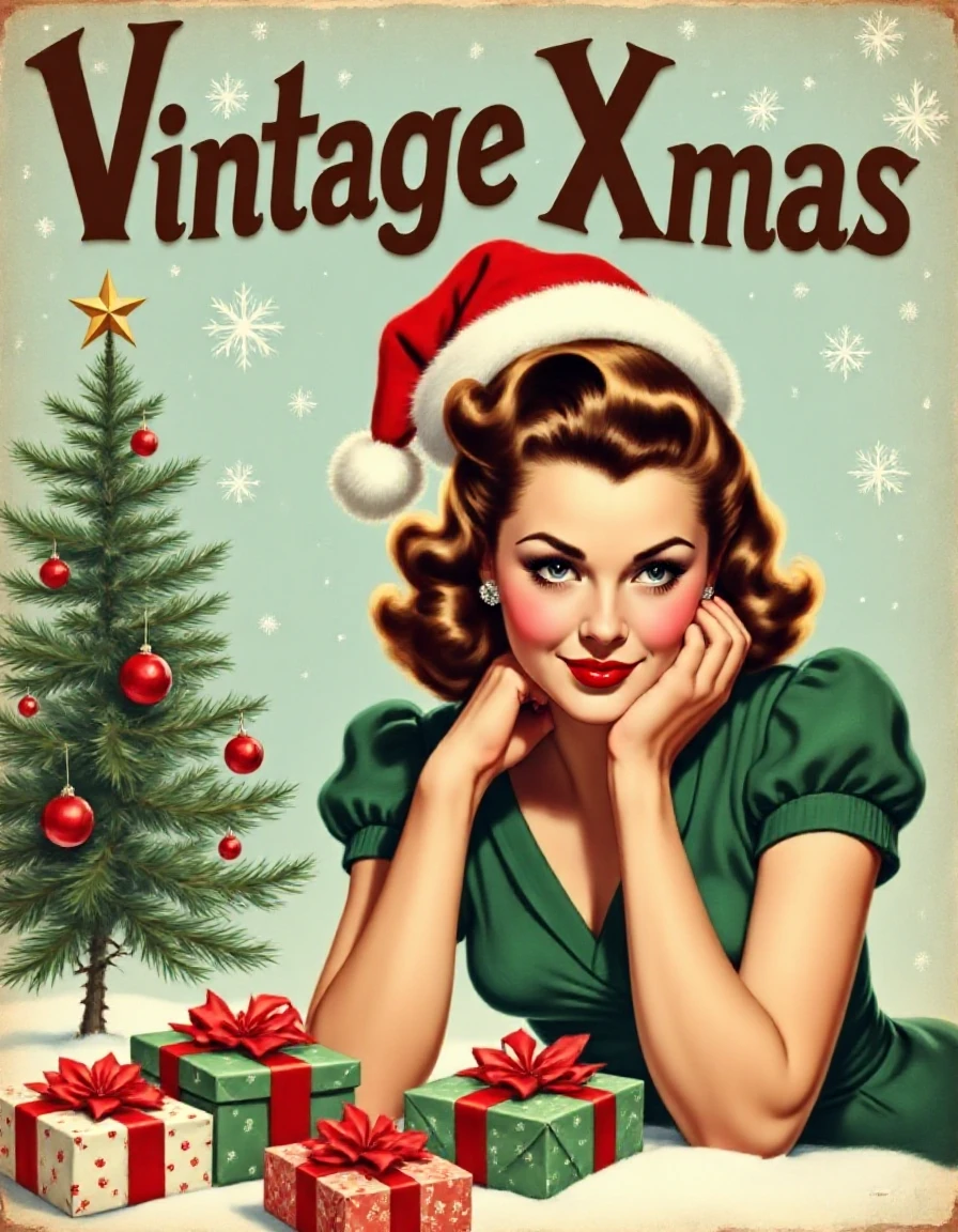 Vintage-Xmas, poster with bold text "Vintage Xmas" in decorative font featuring a  vintage Christmas portrait of a young woman. She is wearing a green dress with a red ribbon tied around her neck. Her hair is styled in loose curls and she is wearing red lipstick. She has a white Santa hat with a large red bow on top. Her hands are resting on her chin, as if she is deep in thought. In front of her, there are several wrapped presents with red and white ribbons. The background is a light blue with white snowflakes falling. On the left side of the image, there is a small Christmas tree with red ornaments and a gold star. The overall mood of the painting is festive and cheerful. <lora:Vintage-Xmas:0.75>