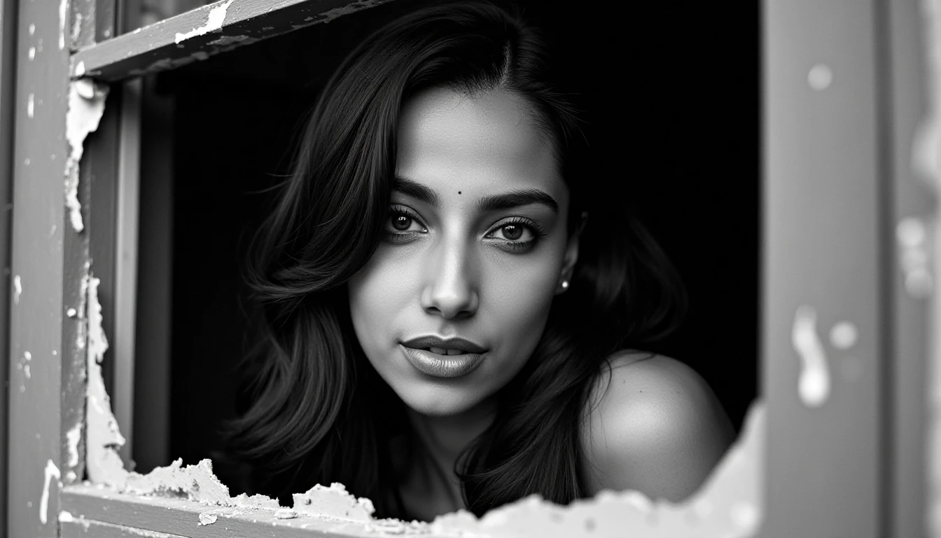 Close-up black-and-white portrait of meencohwx through a torn window.  Subject is light-skinned, with dark, wavy hair framing her face.  She appears thoughtful and reflective with a neutral expression and direct gaze.  Her eyes hold a hint of sadness or contemplation.  The woman's face is the focal point, characterized by a soft, delicate structure. The image is taken from a slightly low perspective, focusing on the subject's upper body.  Torn edges of the window create a jagged frame around the image.  Weathered wooden window frame with visible cracks and paint chips are seen in grays and dark tones.  Deep shadows highlight facial features and add depth to the image. The overall mood is somber, melancholic, and somewhat introspective, evoking a sense of isolation and vulnerability.  Photography style with dramatic lighting. Emphasis on the textures and depth of the image.