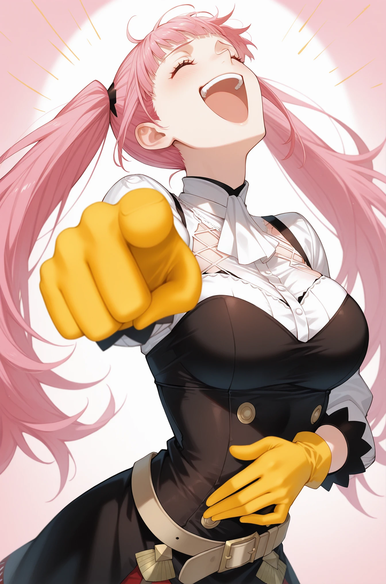 masterpiece, best quality,
 <lora:Laughing at you [IL]:0.8> laughing_at_you, open mouth, pointing at viewer, yellow glove, , laughing, closed eyes, head back, hand on stomach, 
hilda_valentine_goneril, fire_emblem, 1girl, pink_hair, pink_eyes, twin tied hair,