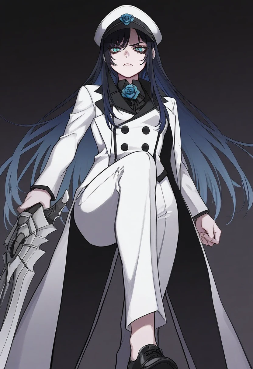 1girl, solo, chando, long hair, flower brooch, blue eyes, mole under eye, blue hair, multicolored hair, sidelocks, blue flower, blue rose, collared shirt, black shirt, white jacket, long sleevs, white headwear, peaked cap, white pants, black footwear,
standing in shadows, serious expression, glaring, hand gripping weapon, dark alleyway, mid-range, from below, tense confrontation, ominous atmosphere
, <lora:Character_Ado - Chando:0.8>