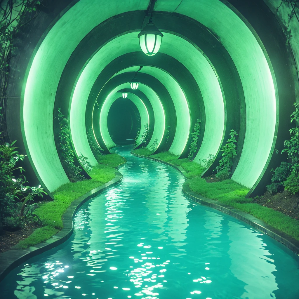 <lora:40sTechnicolorCyberpunk:1> ArsMovieStill, movie still from a technicolor 1940s cyberpunk film, The image shows a tunnel with a path winding through it surrounded by lush green plants and illuminated by a few lights., no humans, scenery, water, nature, plant, tree, vines, reflection, moss, forest