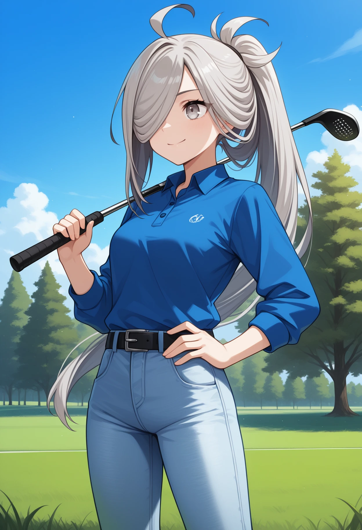 masterpiece, best quality, <break> solo, 1girl, ashmkaini, smile, closed mouth, looking away, standing, hand on own hip, holding golf cub, over shoulder, long hair, multicolored hair, grey hair, ahoge, hair over one eye, ponytail, grey eyes, blue shirt, polo shirt, long sleeves, jeans, black belt, outdoors, blue sky, cloud, grass, golf course, tree
<segment:yolo-Anzhc Face seg 640 v2 y8n.pt,0.4,0.5//cid=1>